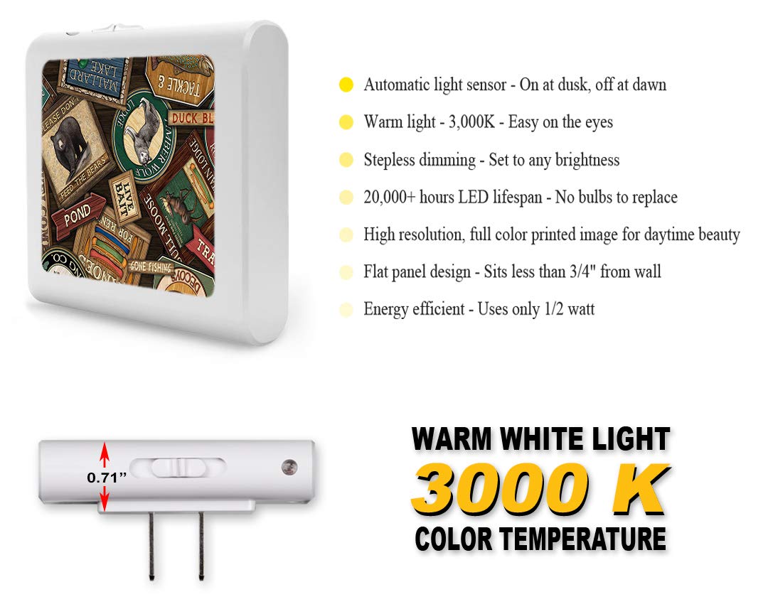 Dimmable LED Night Light with Auto On/Off Sensor - Adjustable Brightness Warm White Plug-in Nightlight for Bathroom, Hallway, Nursery & Bedrooms - Lodge Signs Design - Perfect for Kids' Rooms, Stairs & Safe Nighttime Navigation