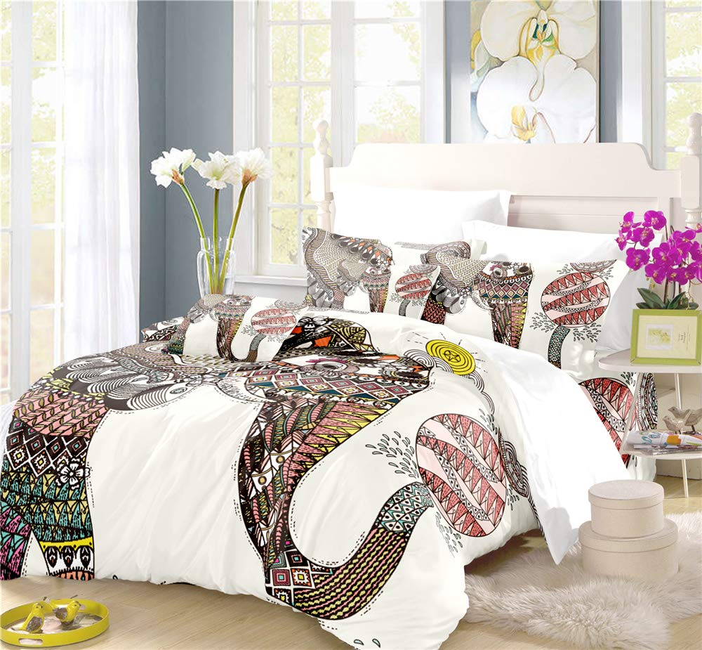 REALIN Elephant Duvet Cover Set - National Style Cartoon Ivory Bedding 2/3/4PCS with Quilt Cover, Sheets & Pillow Shams for Twin/Full/Queen/King Size (King-229x259cm-4PCS, Blue) - Perfect for Kids' Room, Nursery Decor & Themed Bedroom Design