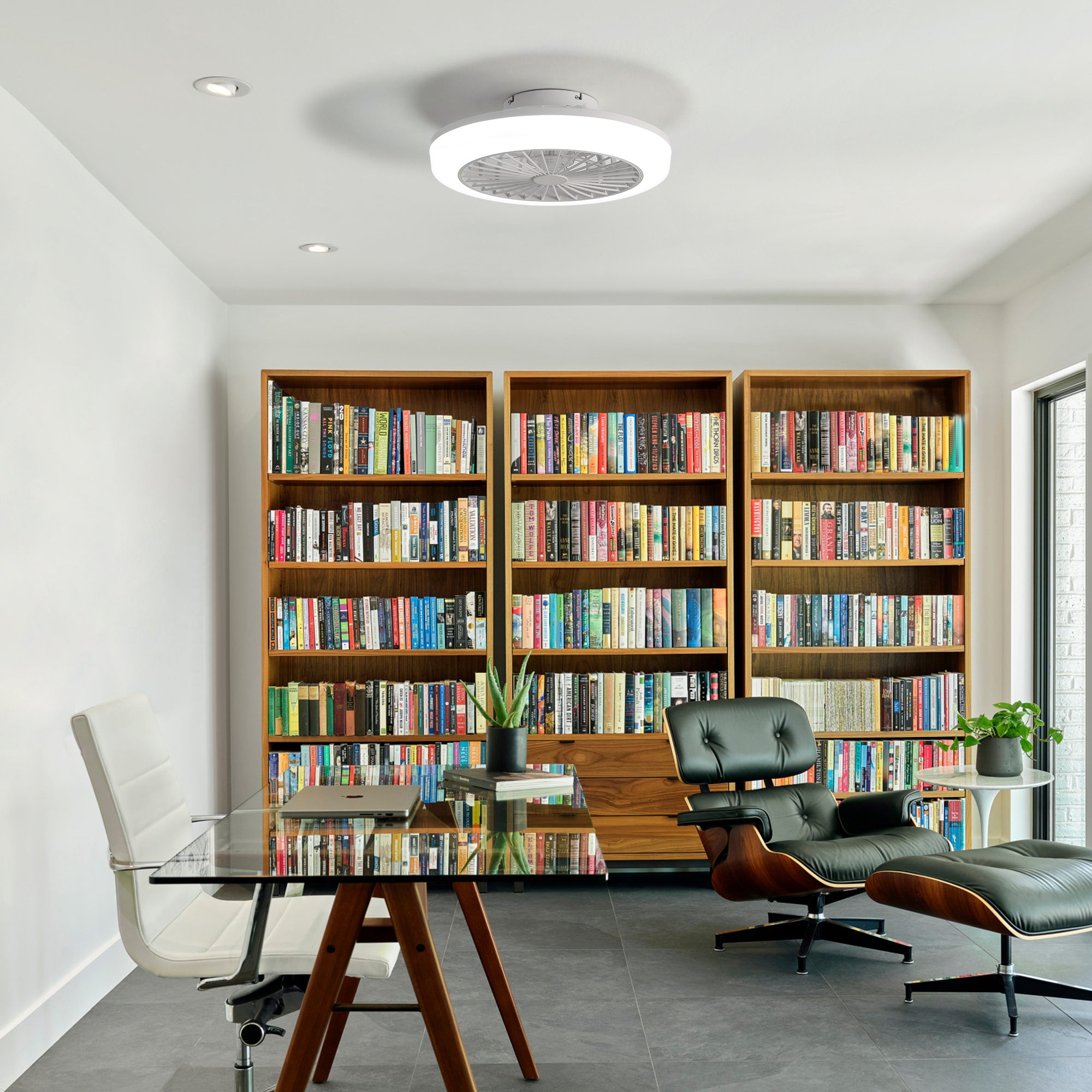 18 Inch Flush Mount Bladeless Ceiling Fan with Light and Remote Control - Modern Low Profile Enclosed Fan for Bedroom, Kitchen, Dining Room - Perfect for Small Spaces and Energy Efficient Cooling