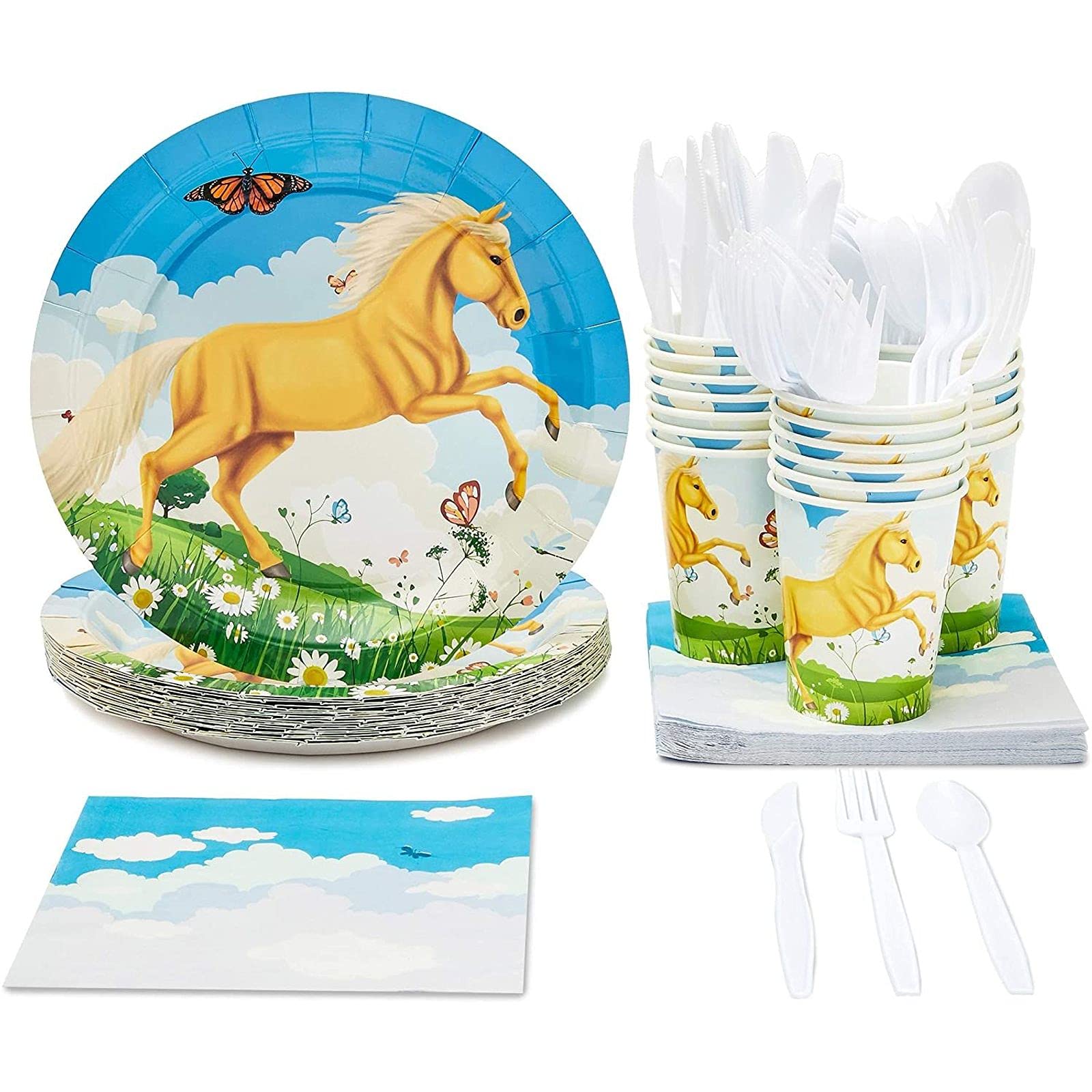 Juvale Horse Birthday Party Supplies Set - 144 Pieces (24 Servings) - Paper Plates, Napkins, Cups & Cutlery for Western Themed Parties, Cowboy Events & Kids Birthday Celebrations