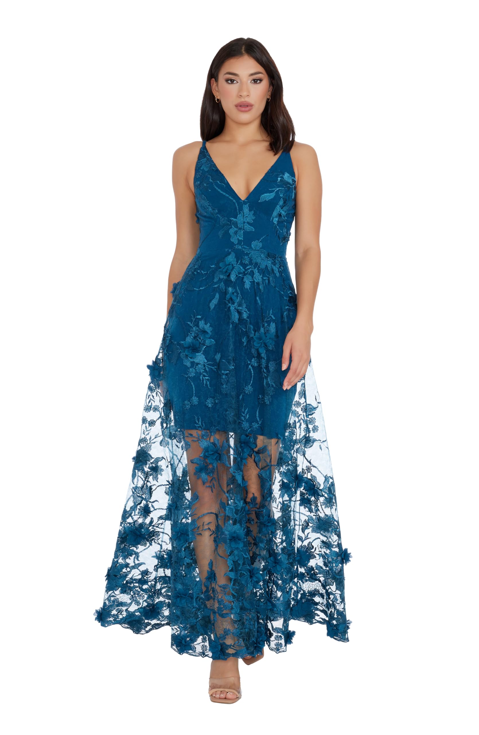 Dress the Population Women's Embellished Plunging Gown - Sleeveless Floral Long Formal Dress for Evening Gala, Wedding Guest & Prom
