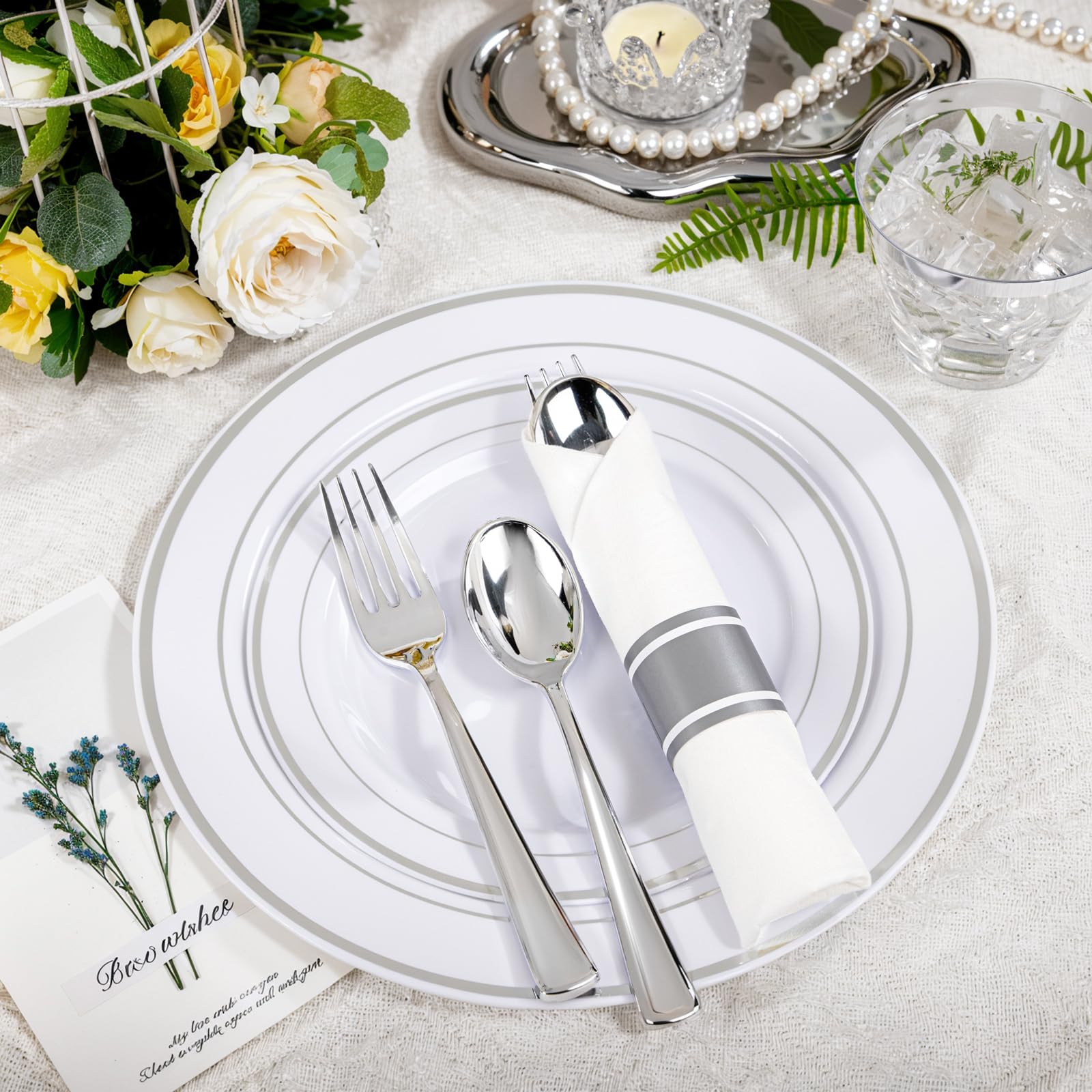 WELLIFE 350-Piece Silver Plastic Party Plates Set - Disposable Dinnerware for 50 Guests, Includes Plates, Cups & Napkins - Perfect for Birthday Parties, Weddings, BBQs & Events