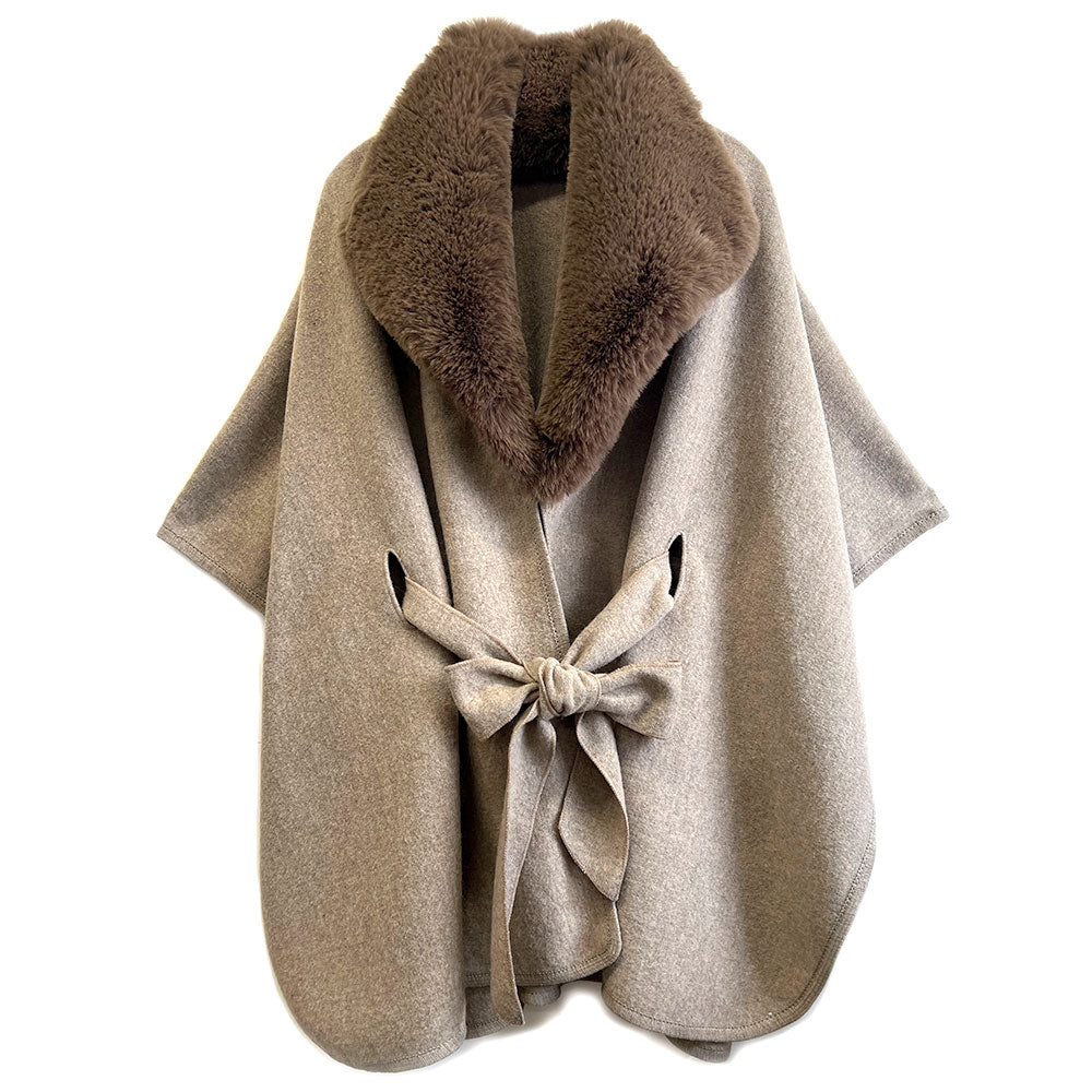 Taupe Faux Fur Collar Belted Poncho Coat - Women's Winter Fashion Outerwear for Casual Wear & Holiday Parties
