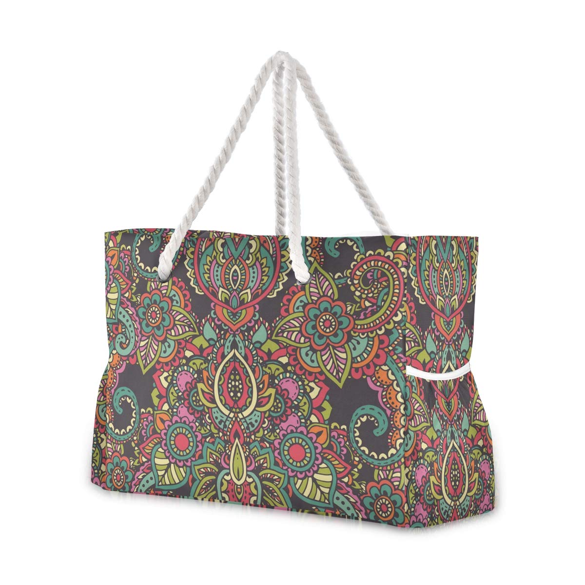 ALAZA Indian Style Beach Bag with Henna Mehndi Floral Design - Large Waterproof Tote for Travel, Camping, Yoga & Gym | Perfect for Summer Vacation, Pool Days & Outdoor Activities
