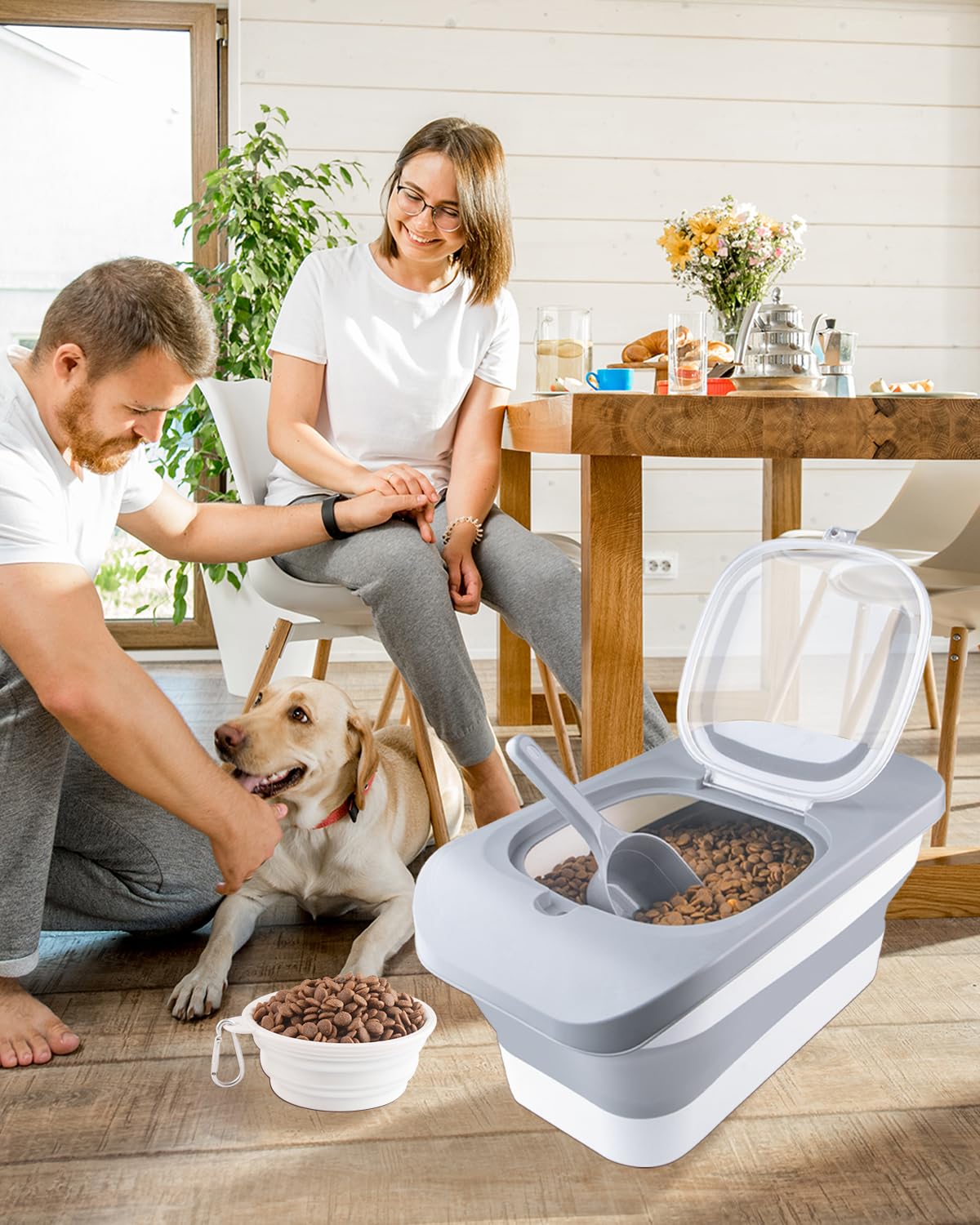 13Lbs Collapsible Airtight Pet Food Storage Container with Lid - Perfect for Dog Food, Cat Food, Rice & Cereal Storage - Includes Silicone Bowl & Scoop - Space Saving Design for Kitchen, Pantry or Travel (Grey)