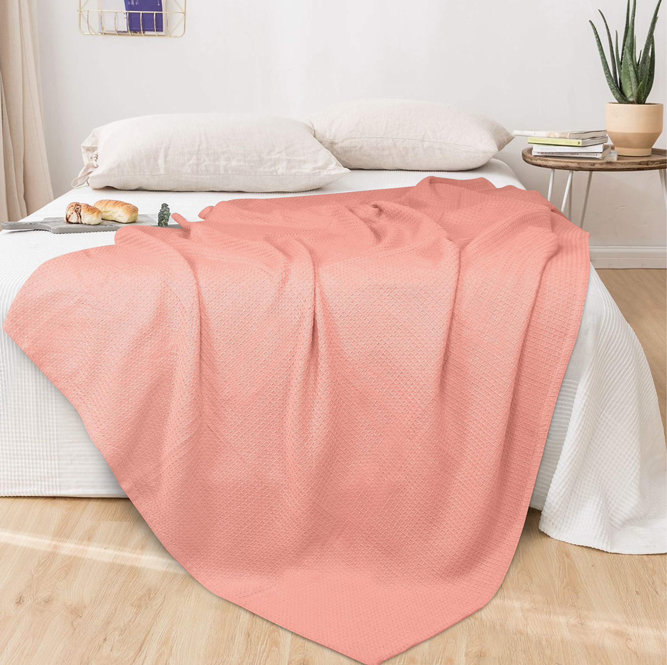 GLAMBURG 100% Cotton Thermal Blanket - Breathable Twin Size Waffle Weave Bed Blanket for All Seasons | Soft & Cozy Peach Blanket for Bedroom, Couch, Camping & Travel