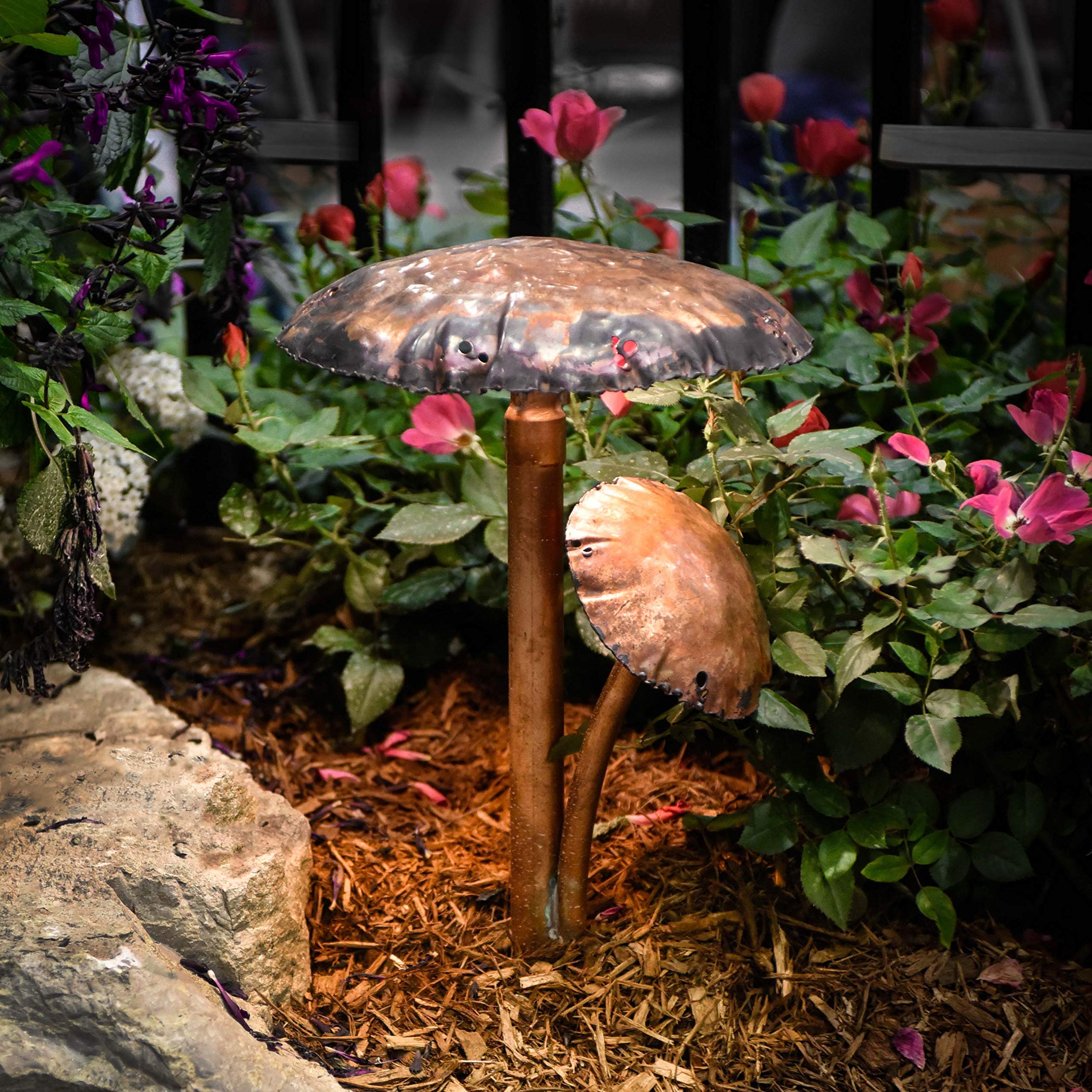 Copper Metal LED Landscape Lights with Two Mushroom Caps - Perfect for Garden Pathways, Patios, and Outdoor Decor