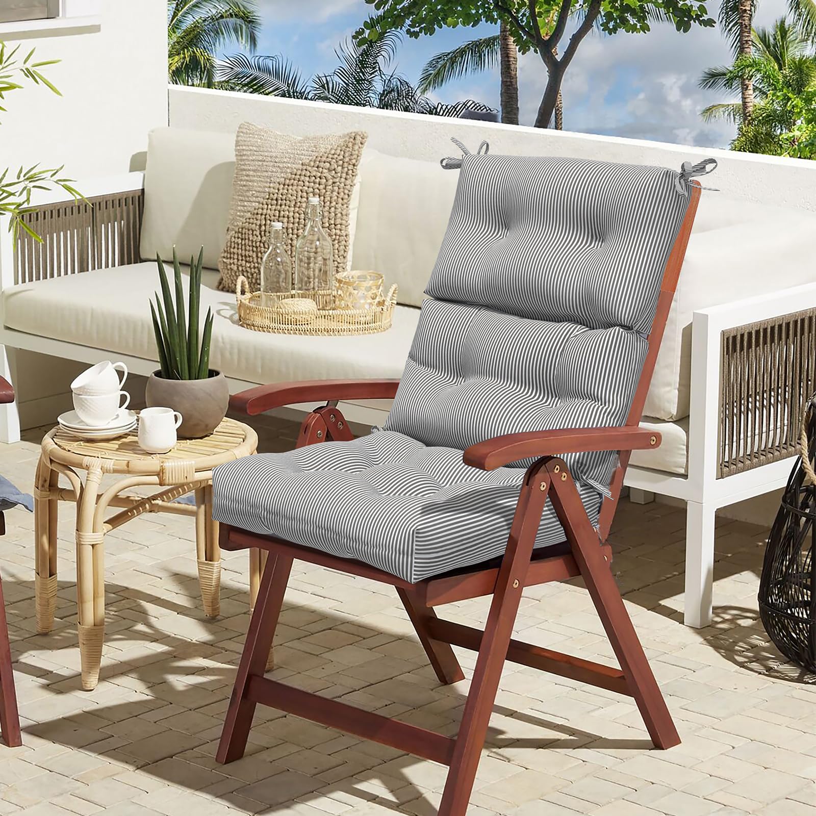 LVTXIII 44x22-inch Outdoor High Back Chair Cushions Set of 2 - Tufted Adirondack Rocking Chair Seat Cushions with Ties, Waterproof & Durable Patio Furniture Cushions in Striped Grey - Perfect for Deck, Porch, Garden and Poolside Relaxation