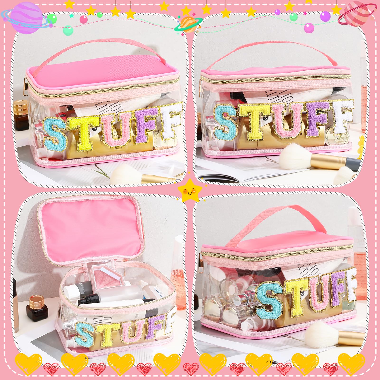 Chenille Letter Clear Makeup Bags | Preppy Pink Cosmetic Bag with Handle & Zipper | Waterproof TPU Travel Toiletry Organizer Pouch for Women & Girls | Perfect for School, Gym, Travel & Daily Essentials Storage