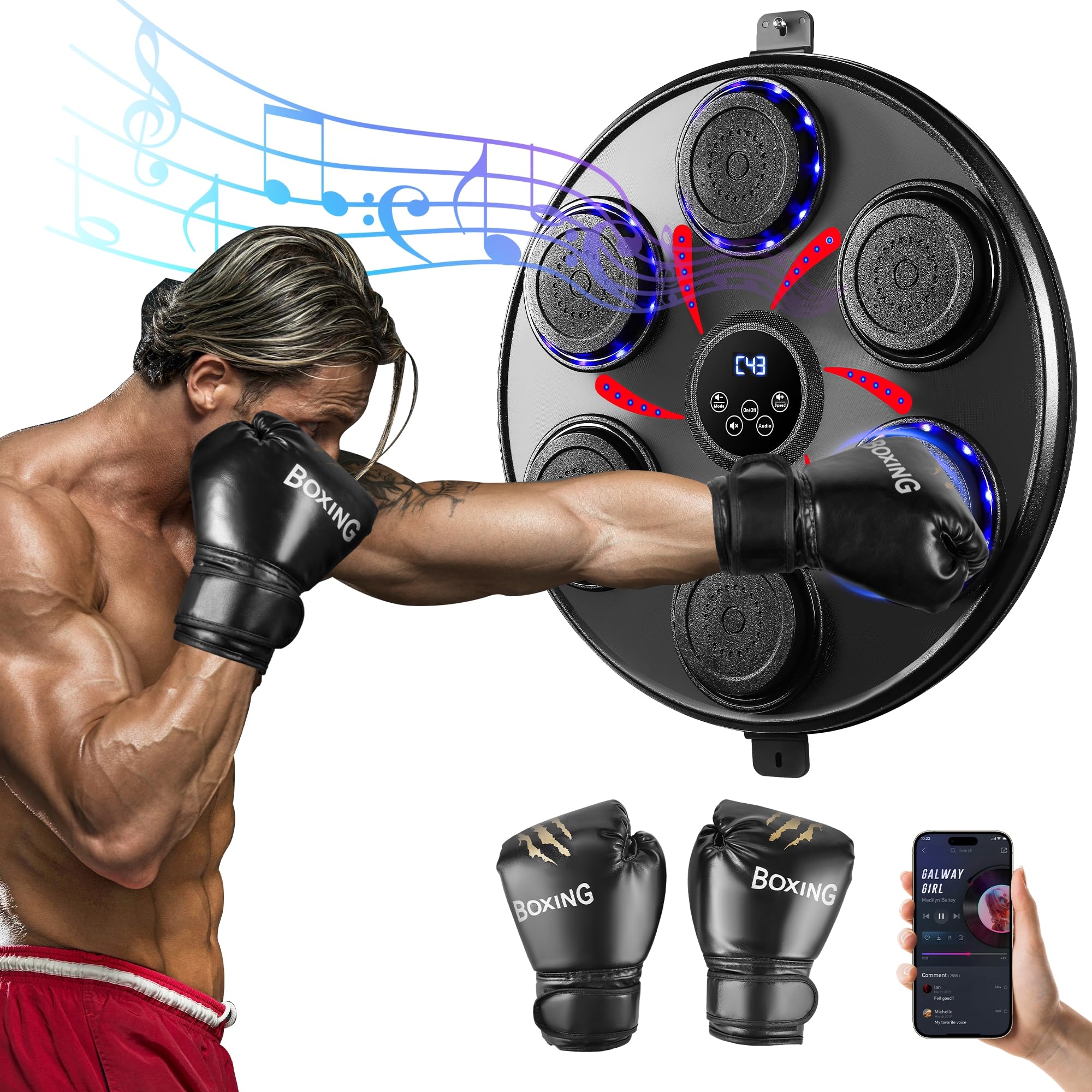 Smart Bluetooth Music Boxing Machine for Adults - 9 Speed Levels & Training Modes with LED Display - Home Gym Equipment for Cardio & Stress Relief