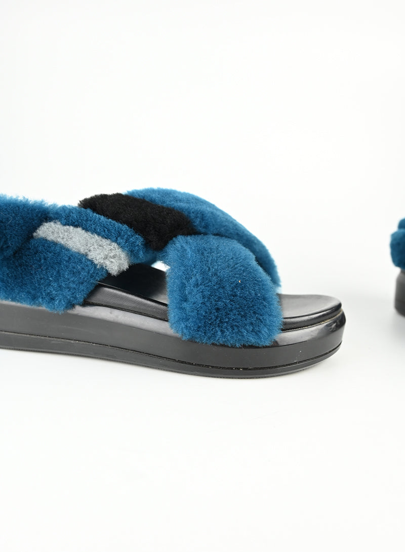 Prada Blue Fur Sandals Women's Size 39 - Luxury Designer Slides for Summer & Beach Wear