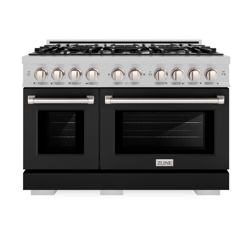 ZLINE 48-Inch 6.7 cu. ft. Professional Double Oven Gas Range with 8 Burner Cooktop - Satin Stainless Steel & Black Matte Doors (HGRS BLM 48) - Perfect for Large Kitchens, Home Chefs & Entertaining