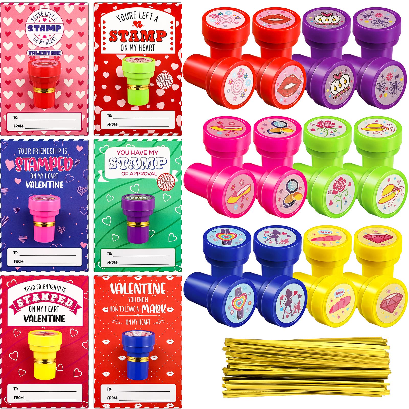 36 Valentine's Day Gift Cards with Stampers & Pencils for Classroom Party Favors