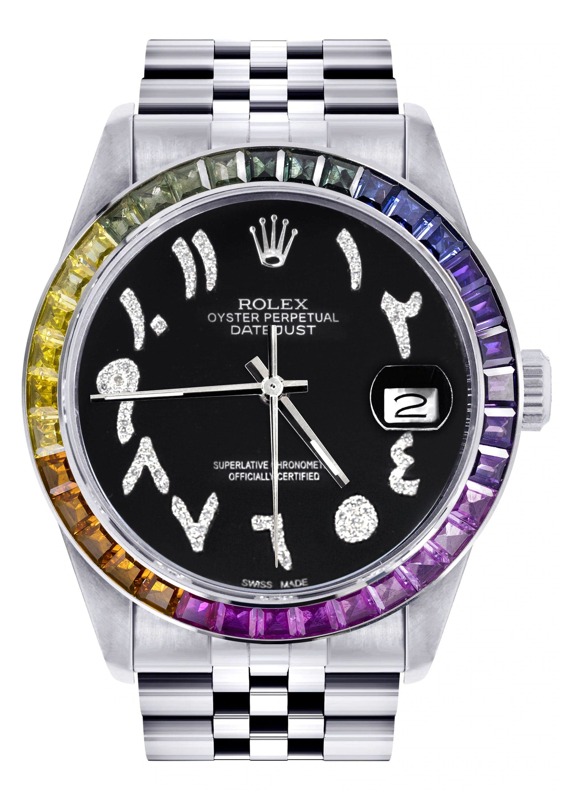 Luxury Diamond Gold Rolex Watch For Men 16200 | 36mm Stainless Steel | Rainbow Sapphire Bezel | Black Arabic Dial | Jubilee Bracelet | Perfect for Business, Gifts & Special Occasions
