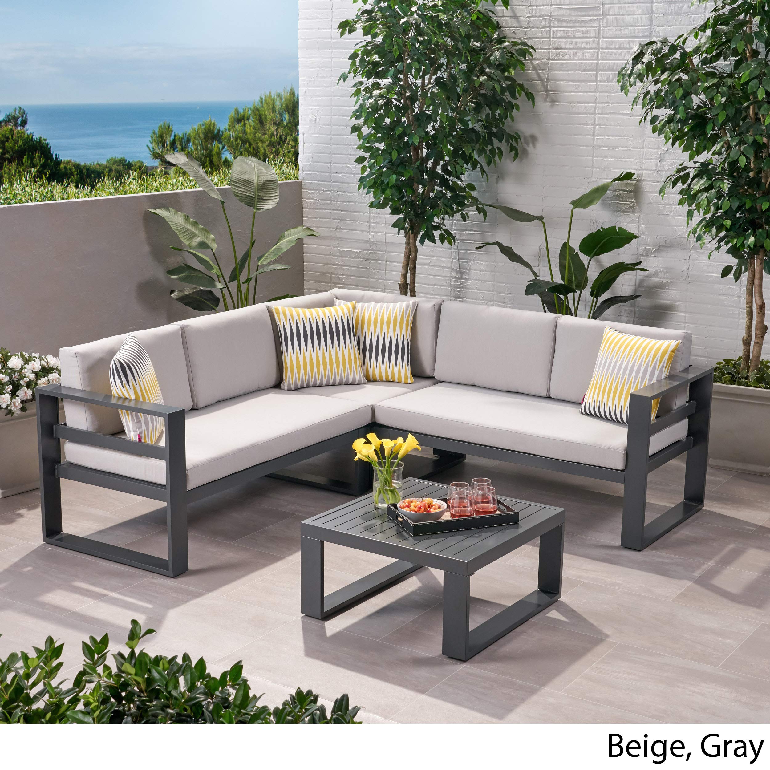 Premium Outdoor Aluminum Sofa Sectional Set with Coffee Table - Beige & Gray Patio Furniture for Garden, Poolside, and Backyard Relaxation