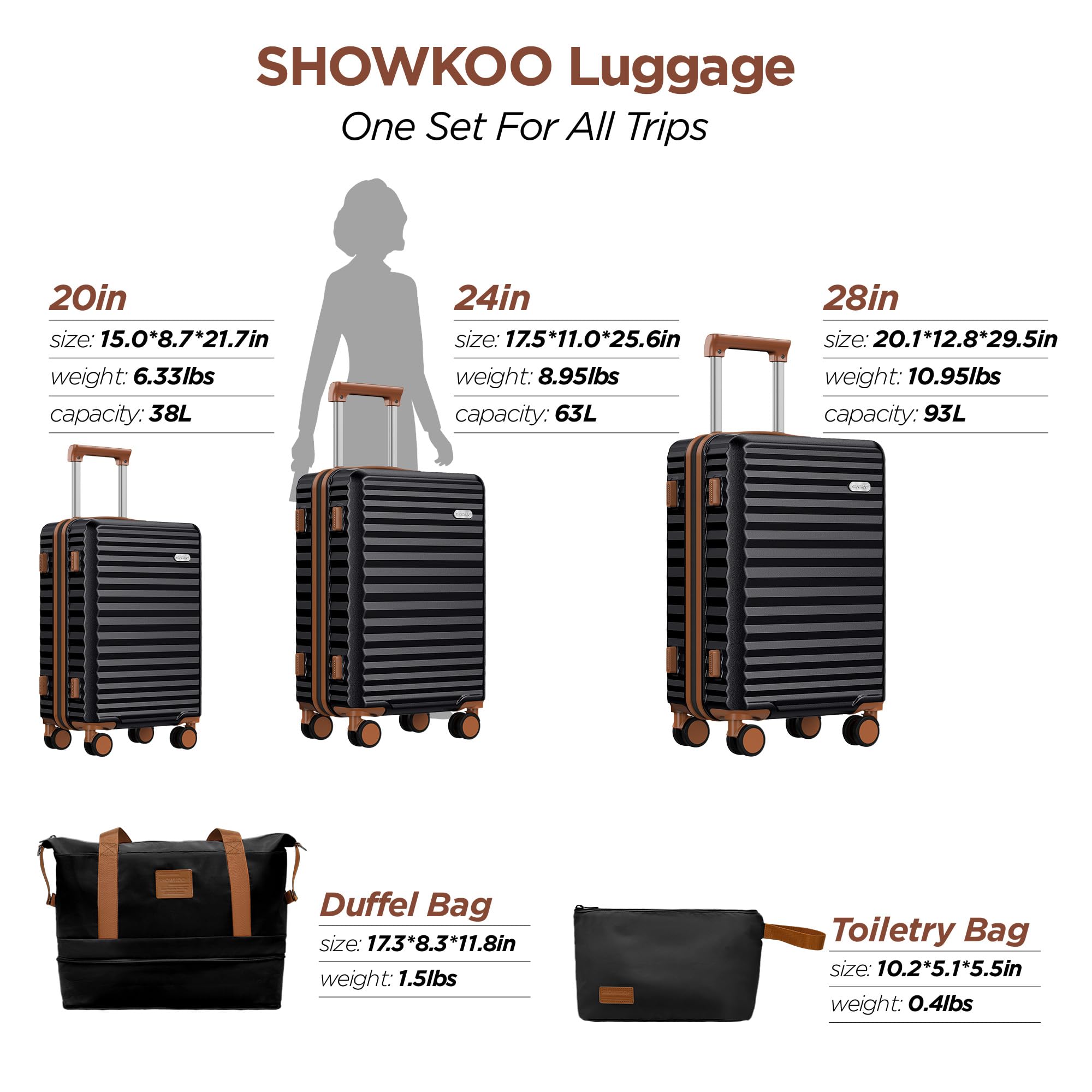 SHOWKOO 3-Piece Hardside Expandable Luggage Set with Double Spinner Wheels & TSA Lock - Black (5-Piece Set) - Perfect for International Travel, Family Vacations & Business Trips