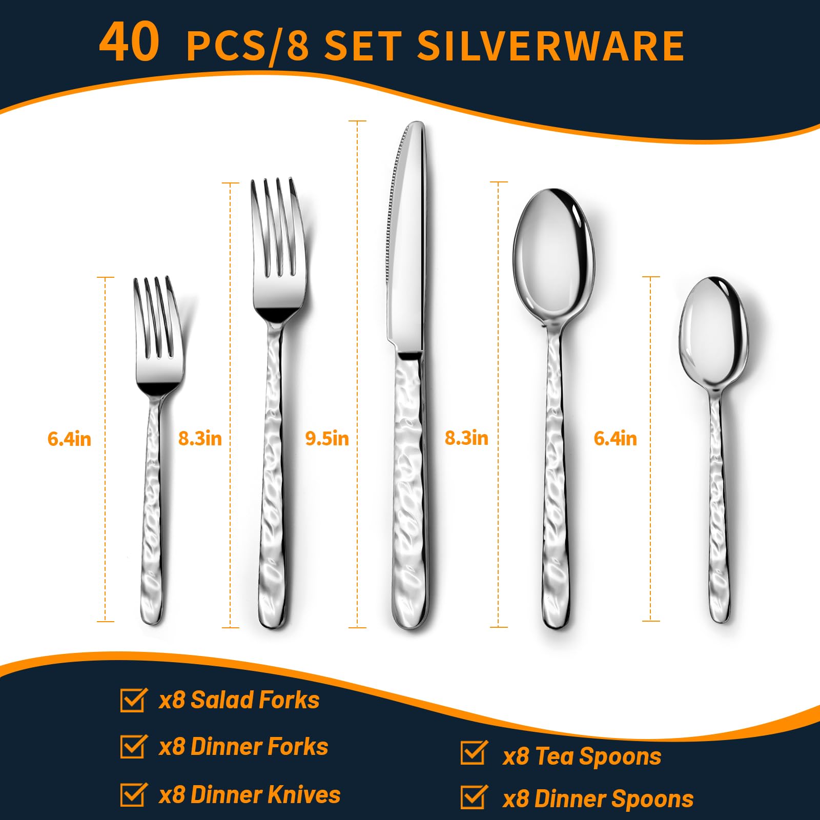 40-Piece Premium Stainless Steel Flatware Set for 8 - Heavy Duty Silverware Cutlery with Wavy Patterns - Mirror Polished Dishwasher Safe Spoons & Forks Set - Perfect for Dinner Parties, Restaurants, and Everyday Dining