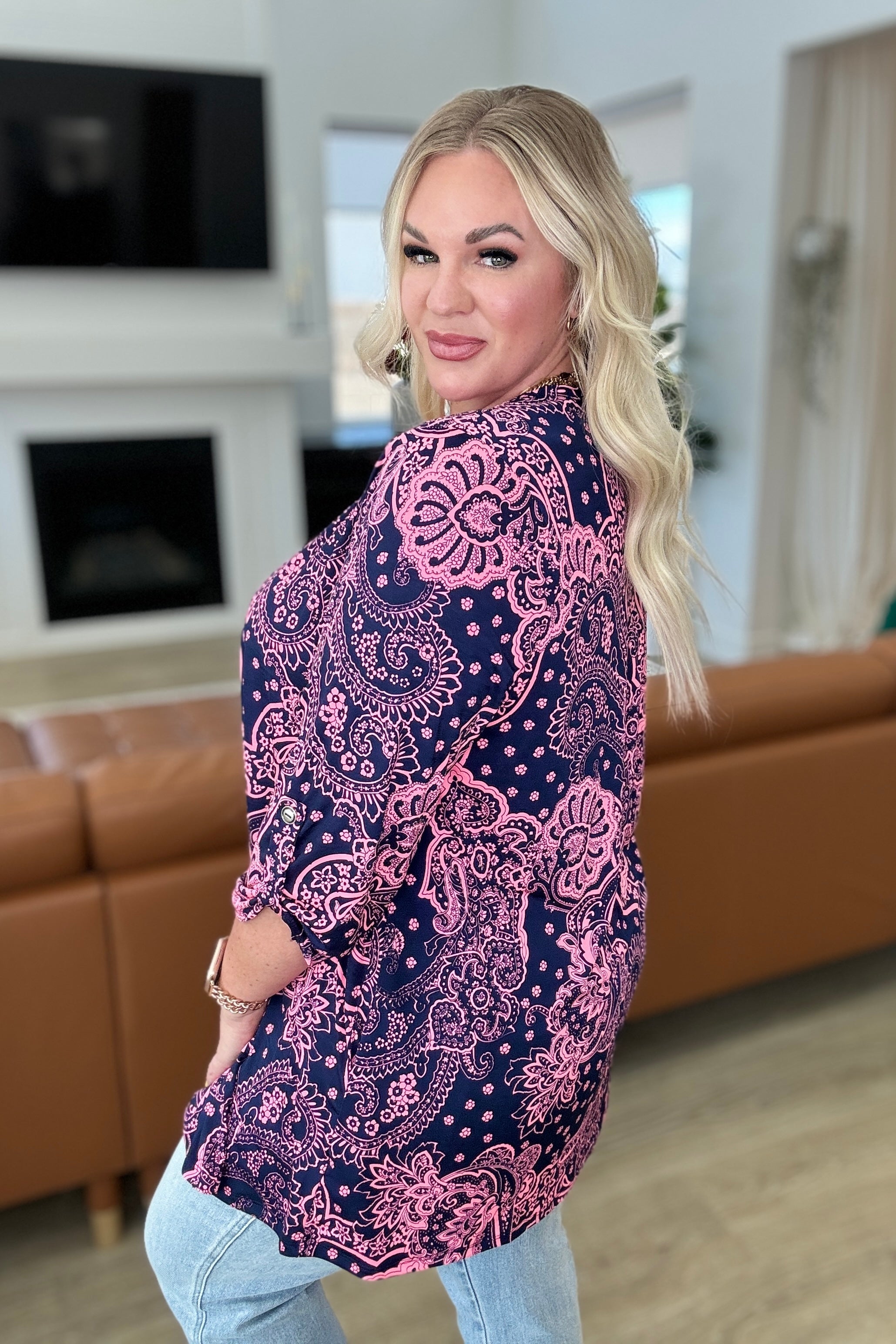 Lizzy Cardigan Women's Navy & Pink Paisley Knit Sweater - Cozy Fall & Winter Cardigan for Office, Date Night and Casual Outfits