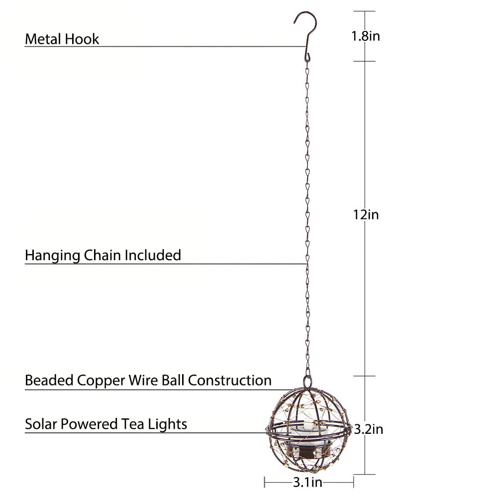 Solar Powered Hanging Lanterns Outdoor Decor - 4 Pack Copper Wire Beaded Ball Candle Holders with LED Tea Lights for Garden, Patio, Pergola, Backyard, Wedding & Party Decoration
