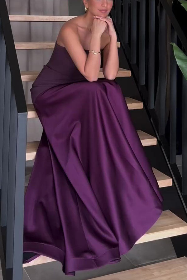 Timeless Elegance Satin Patchwork Strapless Flare Gown Maxi Dress for Women | Formal Evening Gown for Prom, Wedding, Red Carpet Events