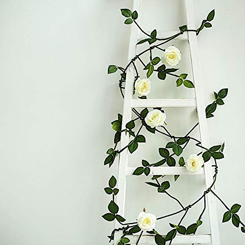 6 Feet Green Garland with 5 Ivory Silk Rose Flowers and Leaves - Wholesale Wedding Centerpieces, Bridal Shower Decor, Table Runner, Arch Backdrop, Aisle Decoration Supplies