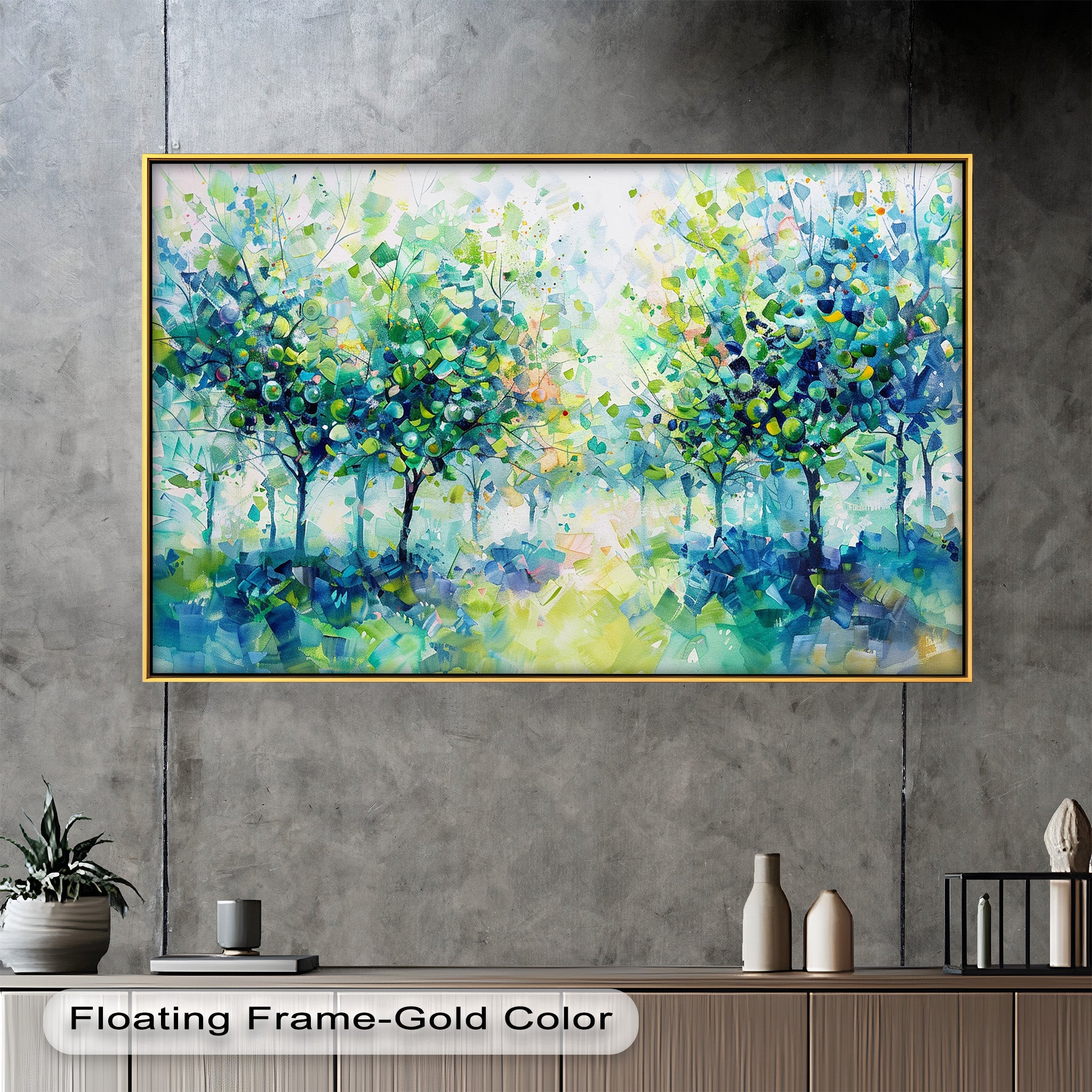 Blue & Green Forest Landscape Abstract Nature Oil Painting - Handmade Canvas Wall Art for Living Room, Bedroom & Office Decor