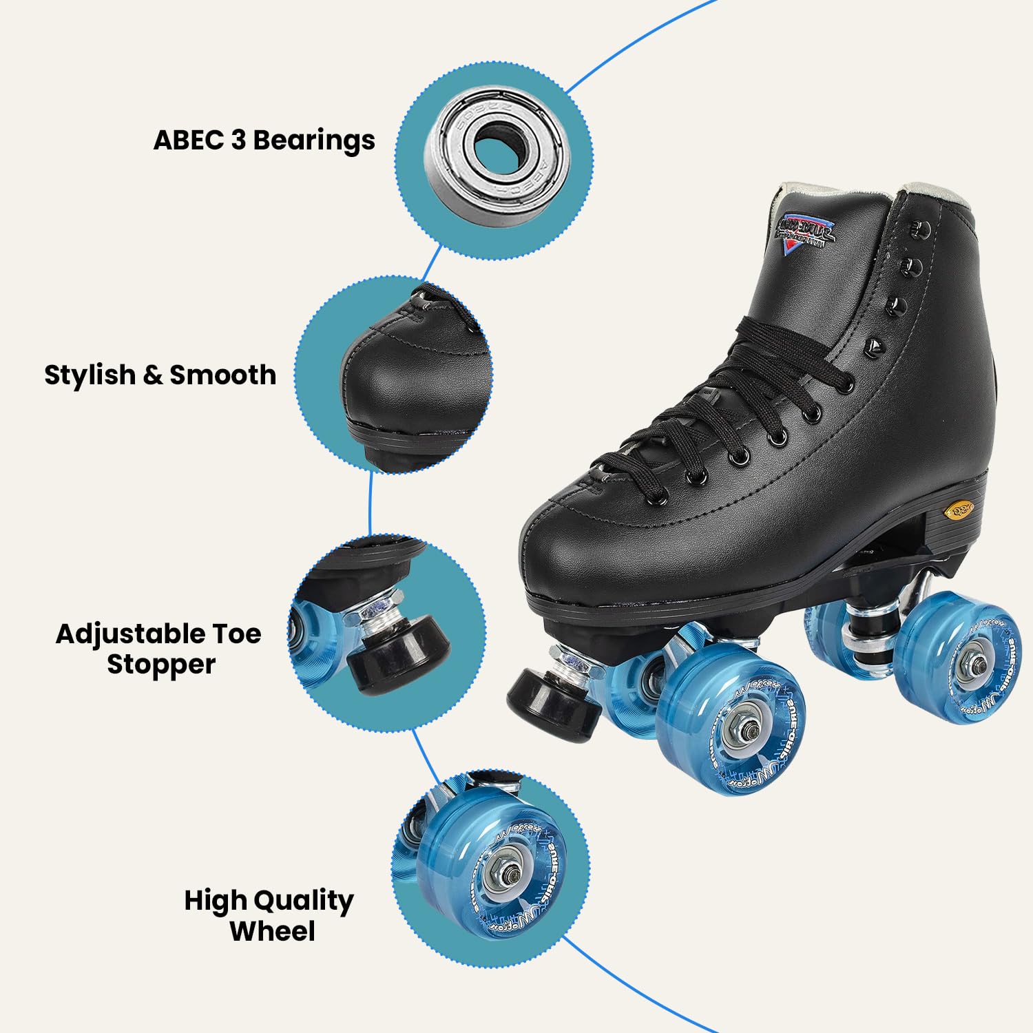 Sure Grip Fashion Fame Unisex Outdoor Roller Skates - Premium Leatherette Construction, Adjustable Rubber Toe Stop, 78A Soft Outdoor Wheels & Durable Nylon Rock Plates - Black & Blue - Perfect for Park Trails, Fitness Skating & Urban Adventures