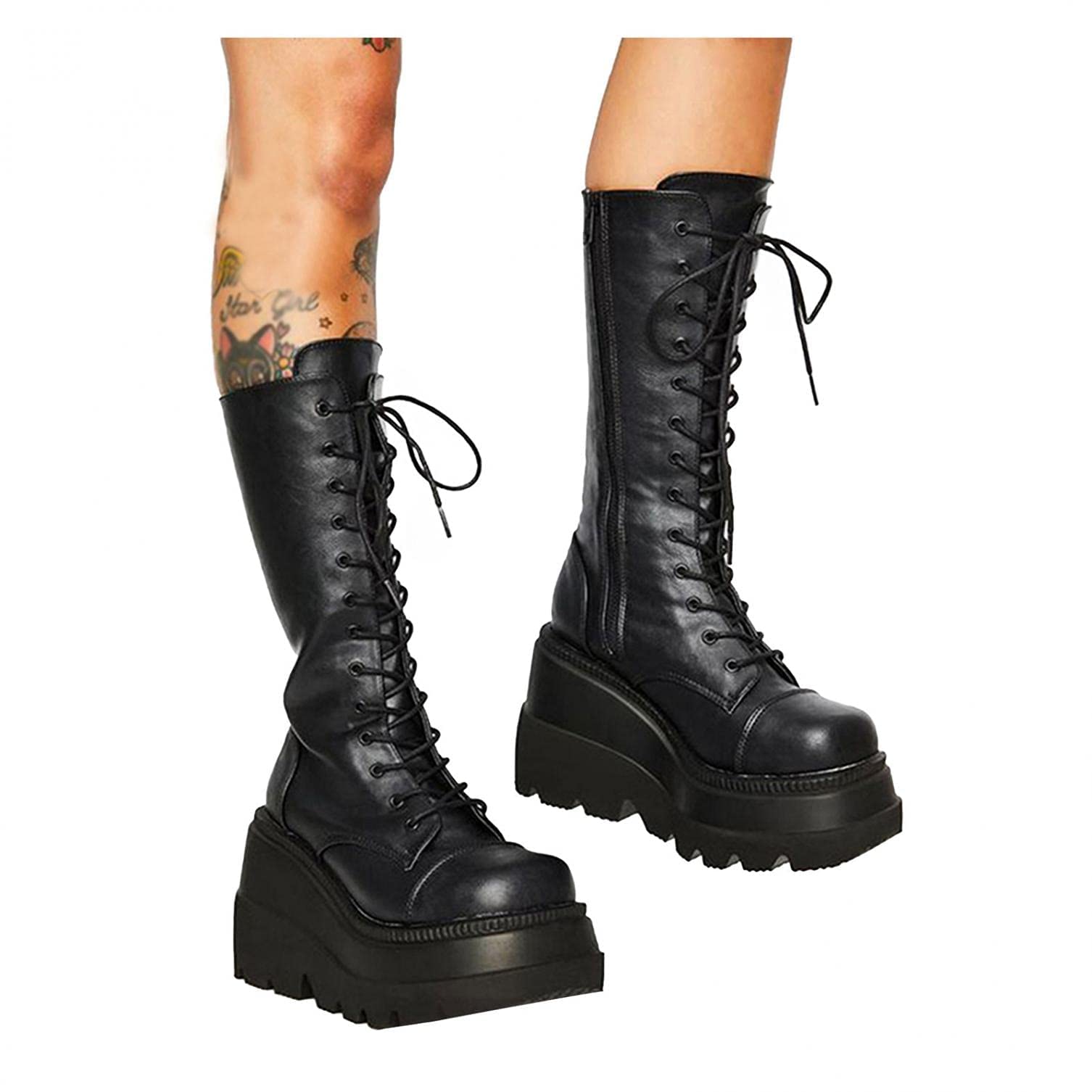 **Gothic Punk Platform Boots for Women - Knee High Motorcycle Combat Boots with Rivets & Lace Straps | Gothic Fashion, Halloween Costume, Cosplay & Night Out**