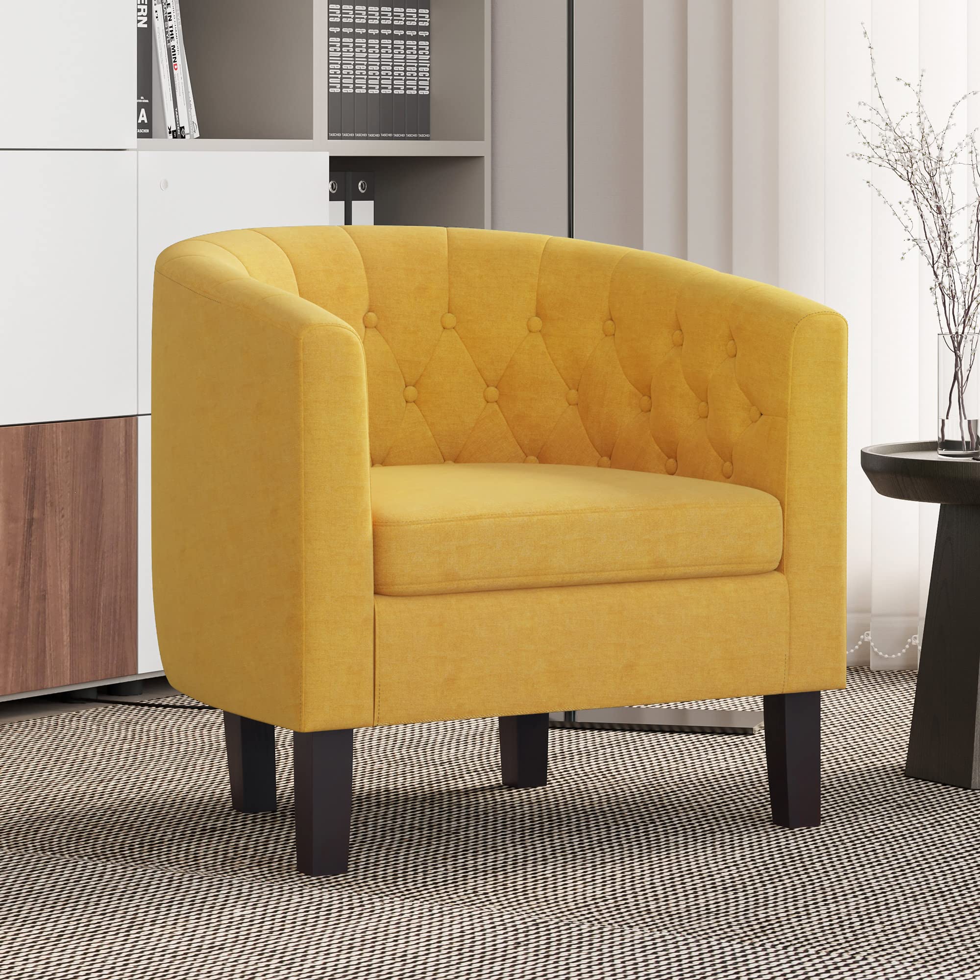 Elegant Yellow Tufted Barrel Chair for Living Room & Bedroom - Linen Fabric
