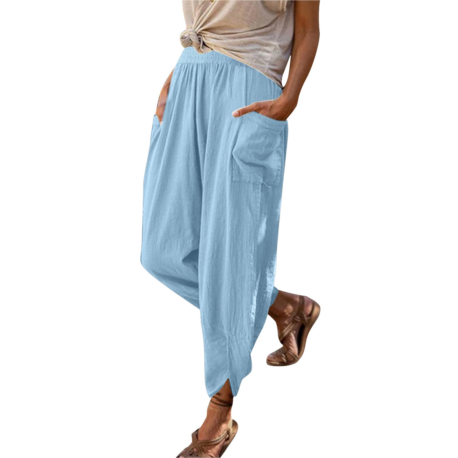Women's High Waist Linen Pants - Soft Cotton Blend Elastic Waist Casual Trousers for Plus Size - Perfect for Summer, Travel & Office Wear