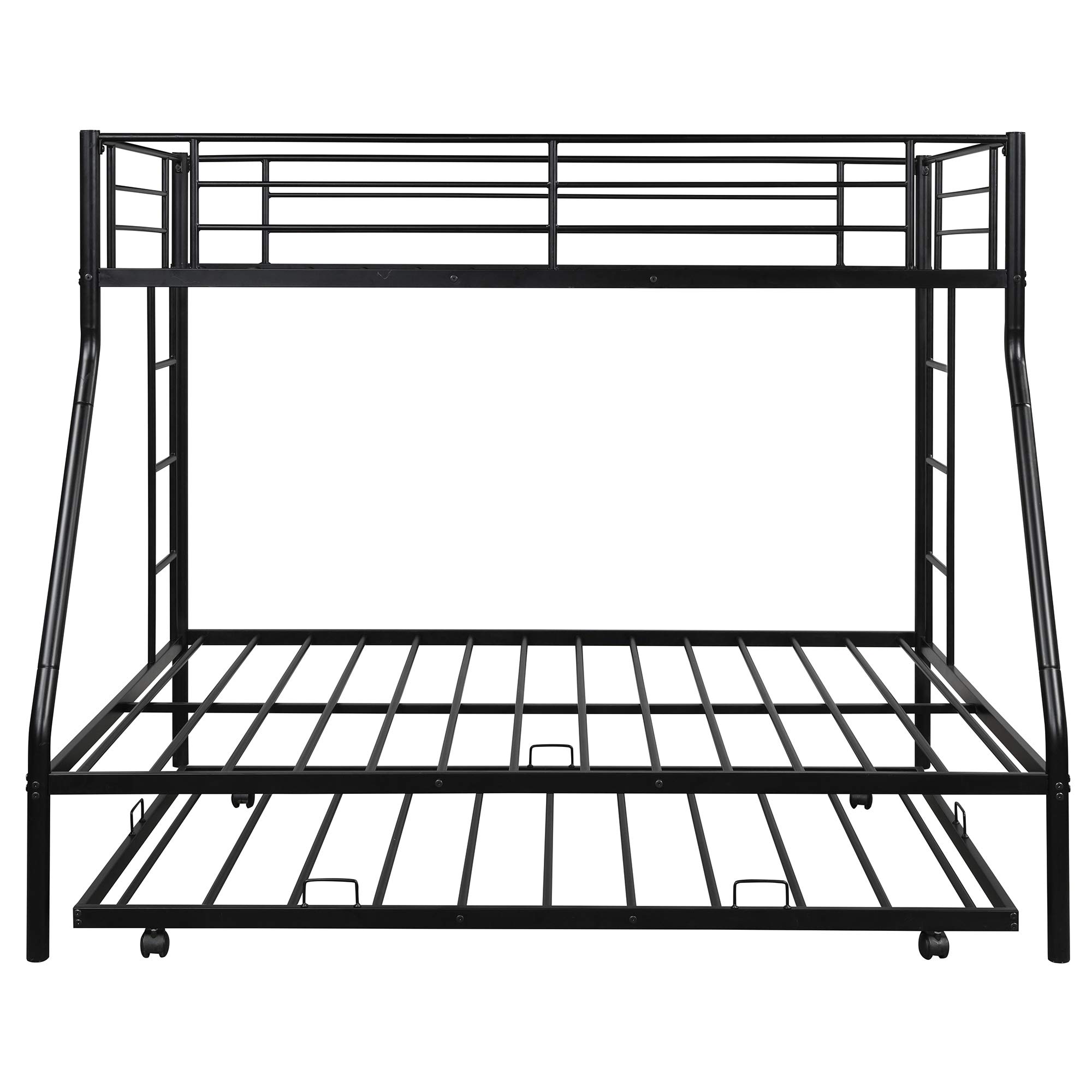 Twin Over Full Bunk Beds with Trundle - Sturdy Metal Bunk Bed Frame with Safety Rails & Ladder for Kids/Teens - Space-Saving Bedroom Furniture for Small Rooms, Guest Rooms & Vacation Homes - Black