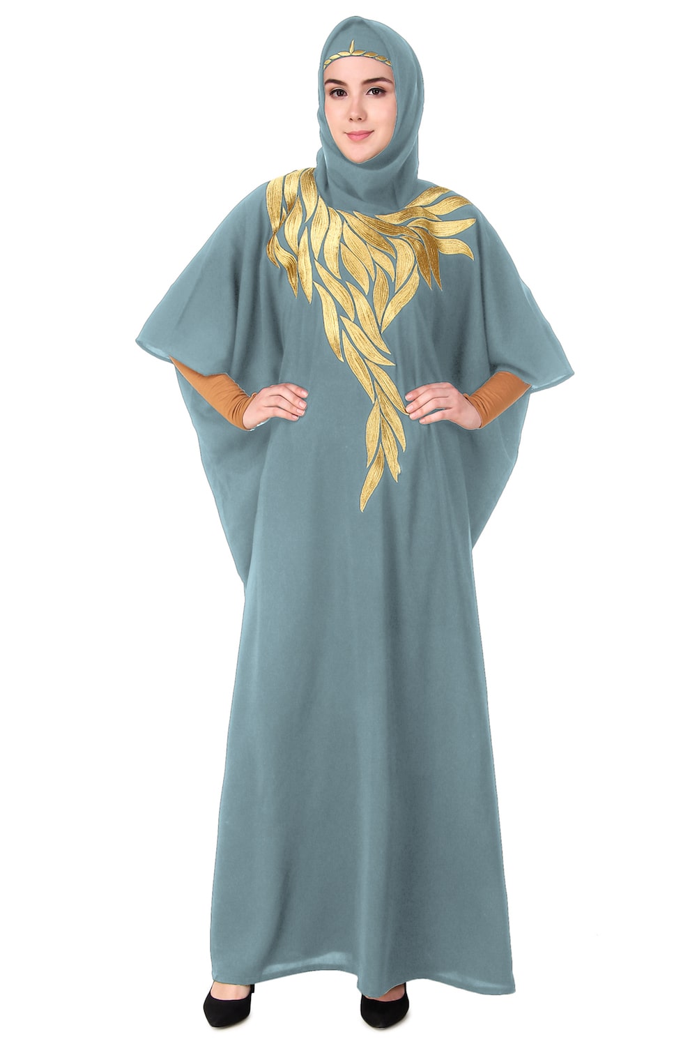 Handmade Gold Embroidered Multi-Leaf Design Kaftan Dress - Elegant Boho Chic Loungewear for Women, Perfect for Beach Cover-ups, Resort Wear & Summer Evenings