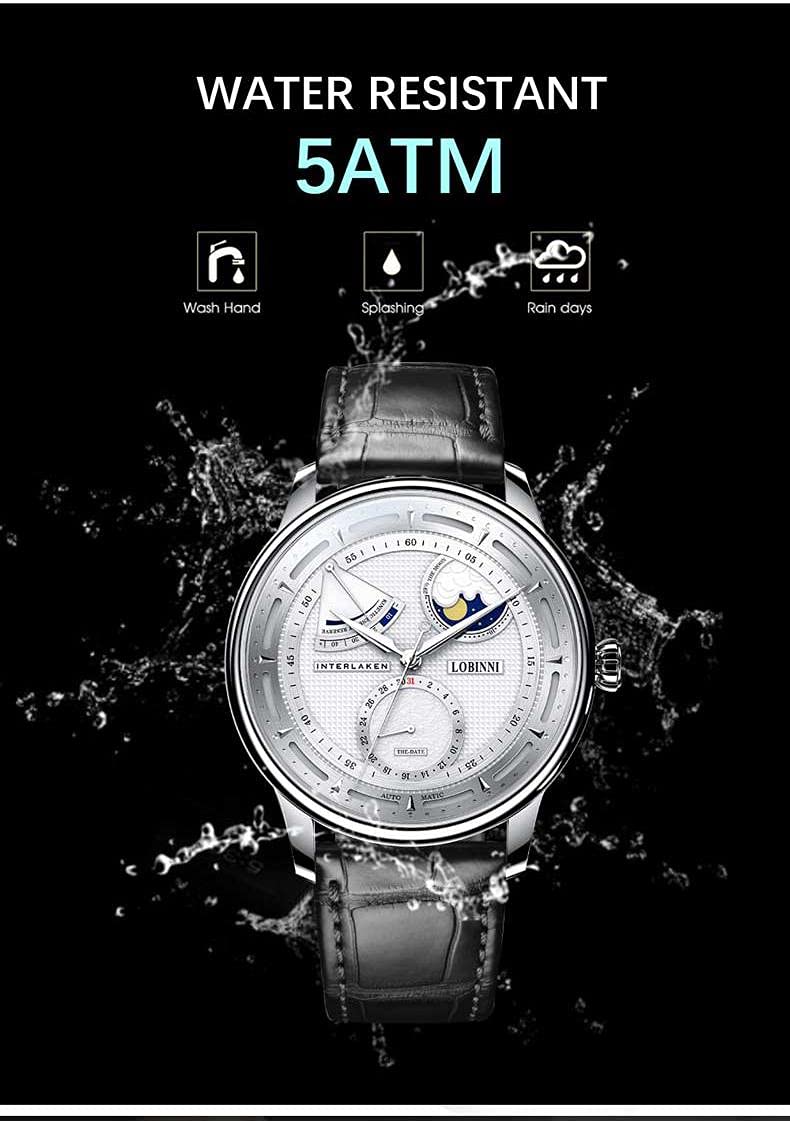 LOBINNI Men's Moon Phase Automatic Mechanical Watch - Waterproof Luxury Dress Wristwatch for Business & Formal Occasions | Elegant Timepiece for Grooms, Professionals & Special Events