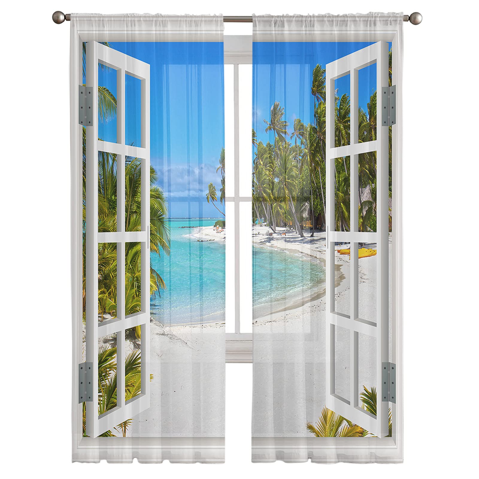 84 Inch Sheer Voile Curtains - 2 Panels Light Filtering Window Drapes with Rod Pocket, Hawaiian Beach Scenery Print, White Wooden Window Treatment for Kitchen, Living Room & Bedroom - Perfect for Coastal Decor & Natural Light Control