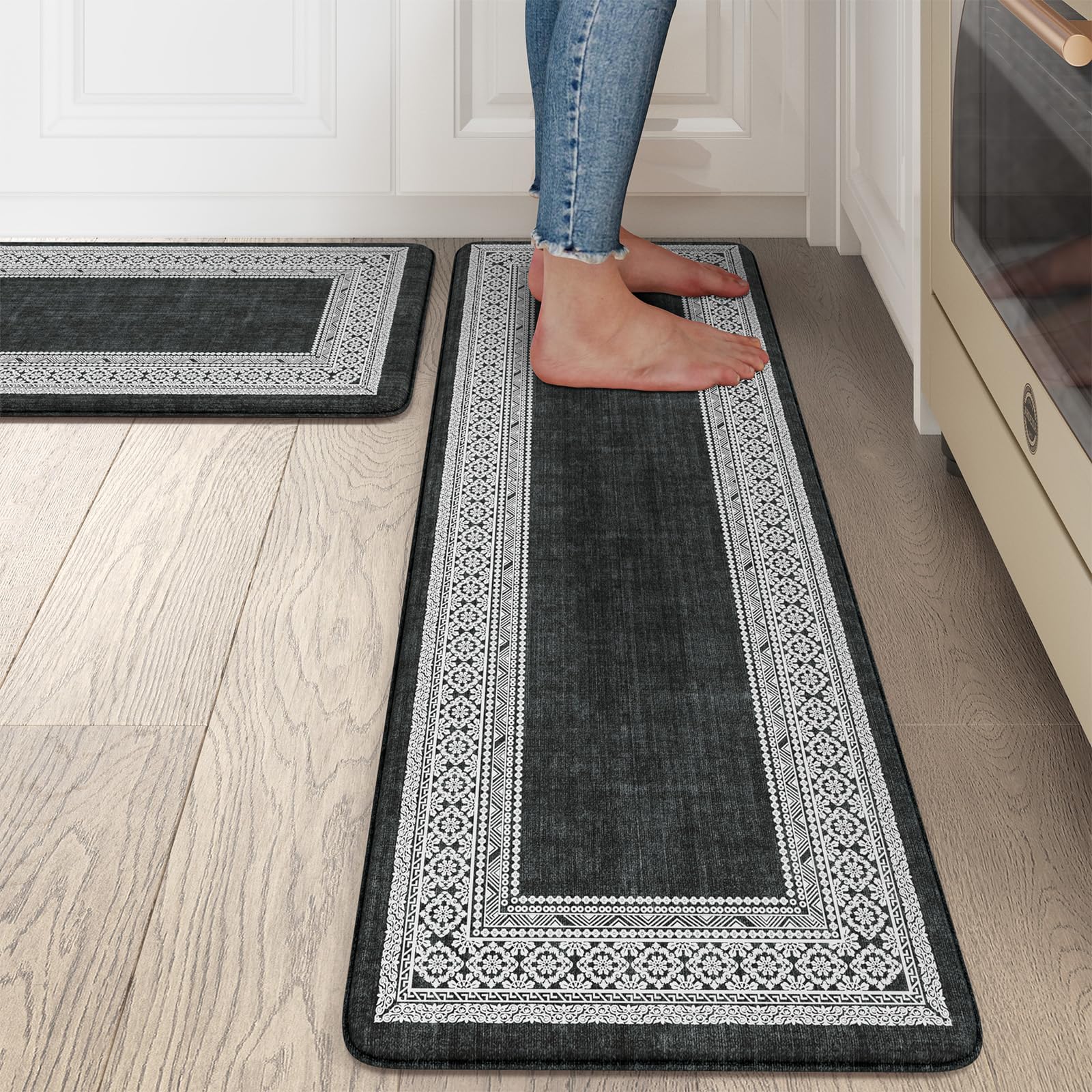 2-Pack Anti-Fatigue Kitchen Floor Mats - Waterproof Memory Foam Standing Mat for Kitchen, Bathroom, Laundry & Office - Black Non-Slip Cushioned Rug for Comfortable Standing All Day