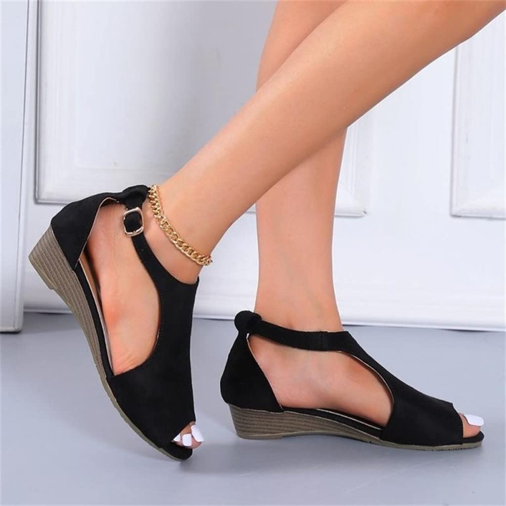 Women's Open Toe Wedge Sandals with Buckle Strap - Summer Casual Shoes with Solid Heel (Black, Size 38) - Perfect for Beach Vacations, Date Nights & Summer Outfits