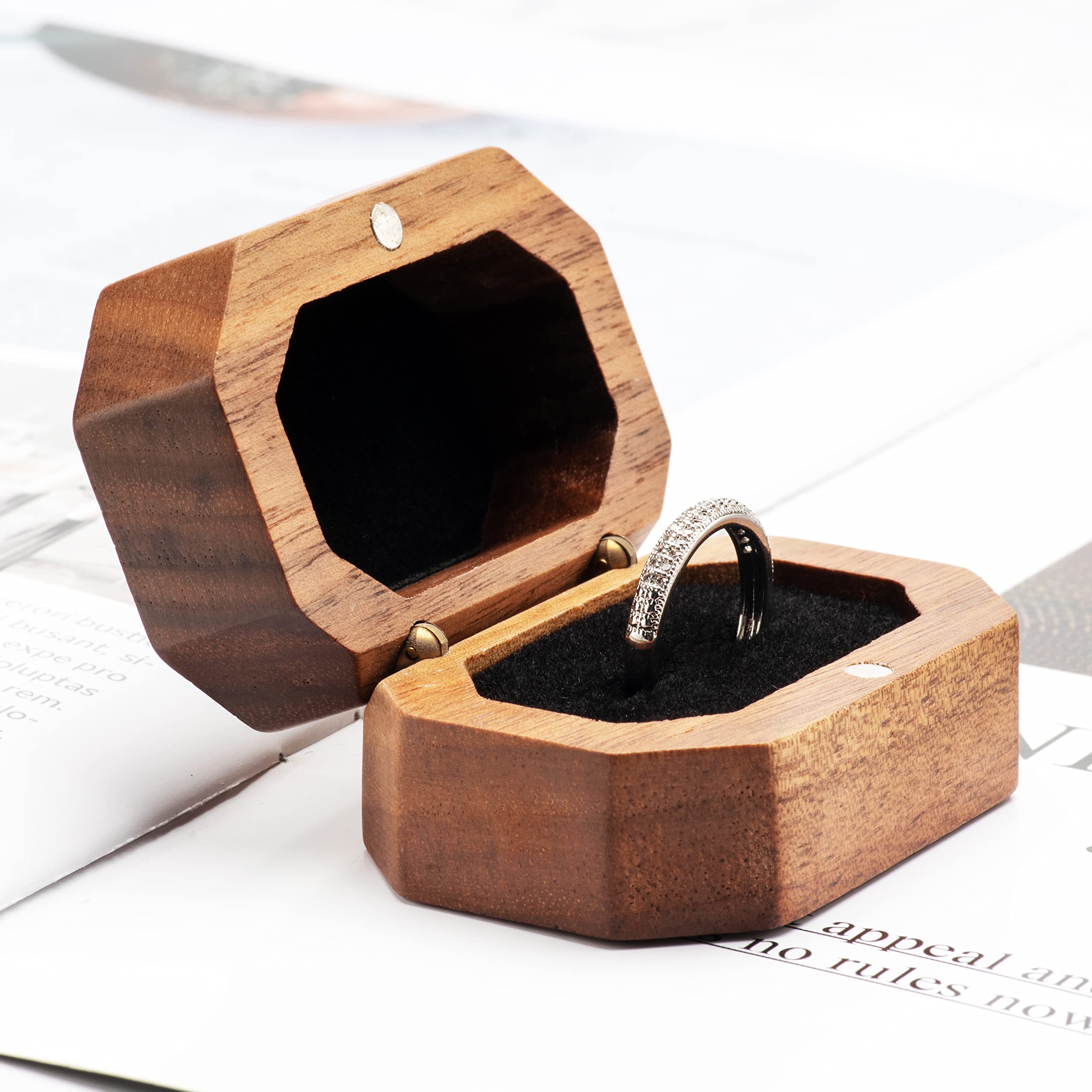 Vintage Wooden Ring Box for Engagement Proposal - Single Ring Holder Jewelry Display Case with Black Inner Lining - Perfect for Wedding, Anniversary & Romantic Gift Giving