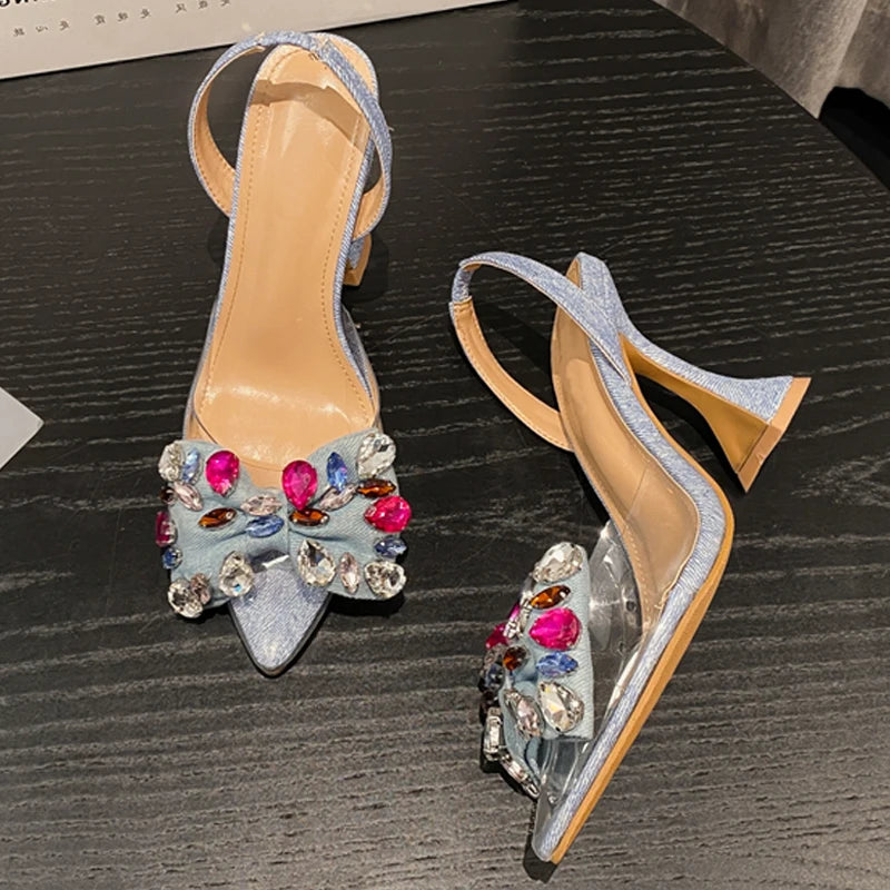 Eilyken Women's Fashion Denim Bowknot Crystal Pointed Toe High Heel Sandals - Sexy Prom Party Shoes for Spring & Summer | Perfect for Weddings, Date Nights & Special Occasions