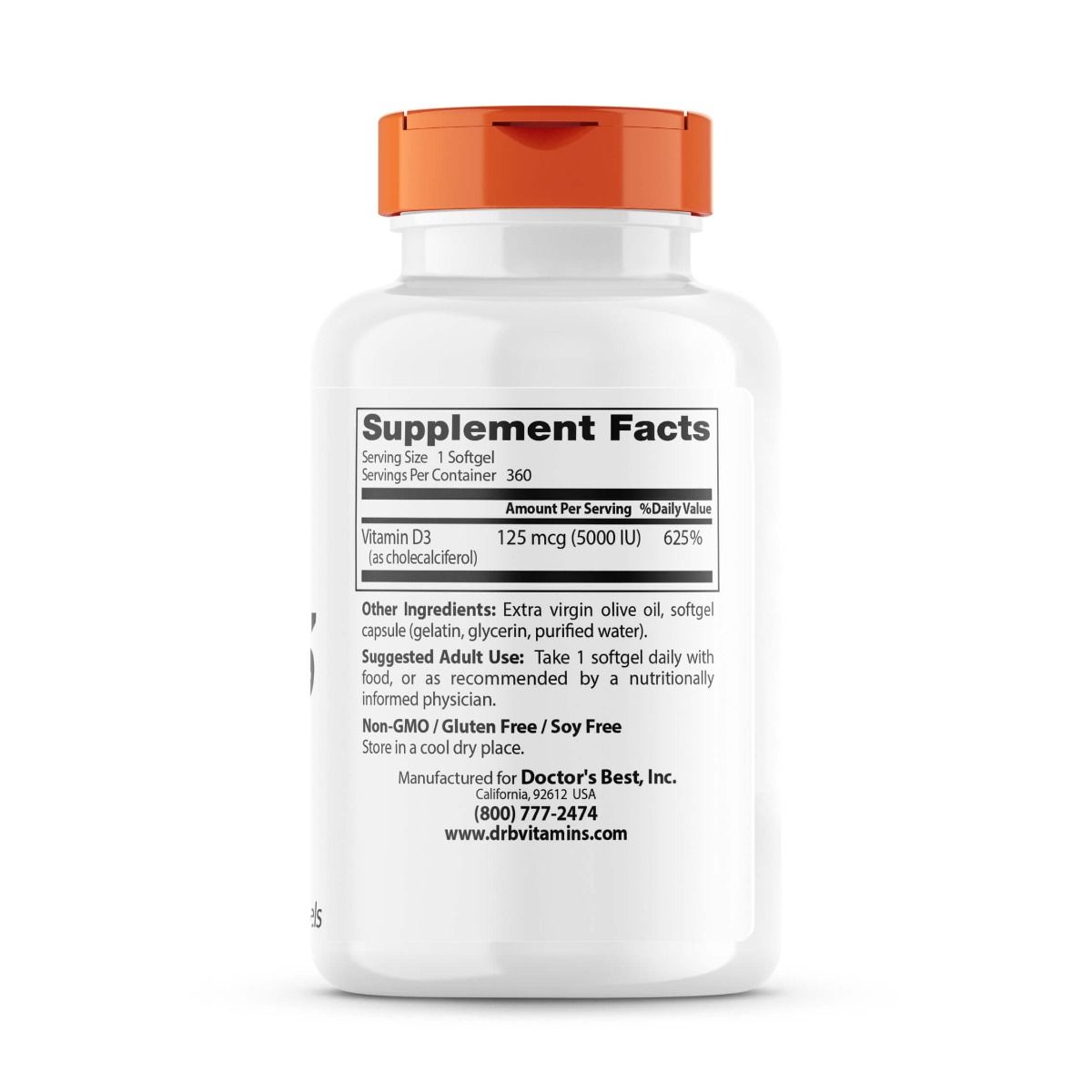 Doctor's Best High Potency Vitamin D3 125mcg (5,000 IU) - 360 Softgels for Immune Support & Bone Health - Daily Supplement for Adults & Seniors