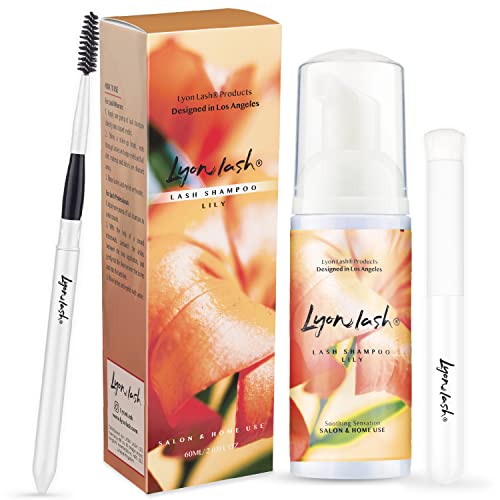 Lyon Lash Eyelash Extension Shampoo - Gentle Foam Cleanser for Lash Extensions | Paraben & Sulfate Free, Oil Free Formula | Removes Makeup, Oil & Dust | Includes 60ml Bottle, Mascara Wand & Cleansing Brush | Perfect for Salon & Home Use | Ideal for Daily Lash Care & Extension Maintenance