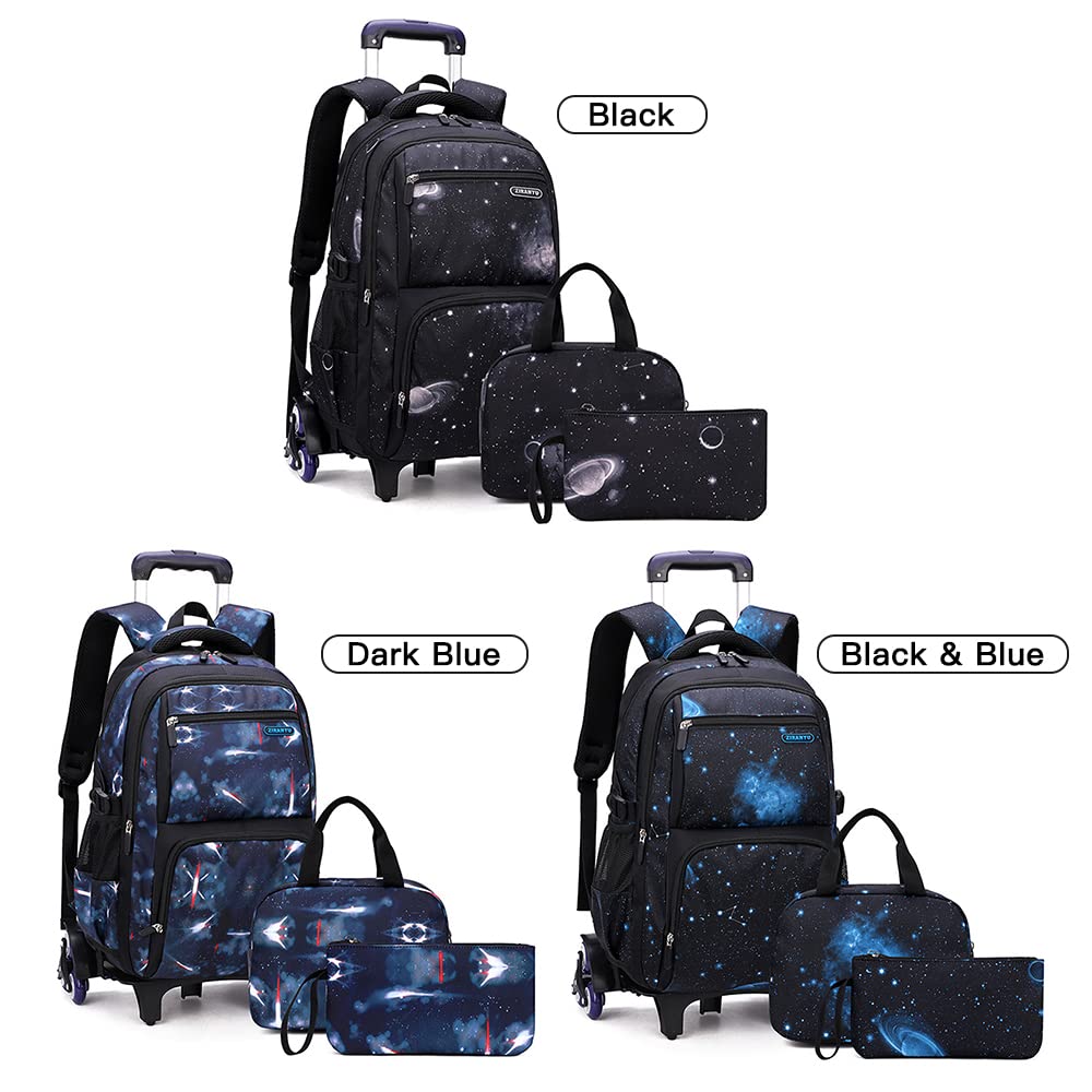 Kids Rolling Backpack with Wheels - School Bookbag for Boys & Girls, Wheeled Luggage Trolley with Lunch Box & Pencil Case (Black) - Perfect for School, Travel & Daily Use
