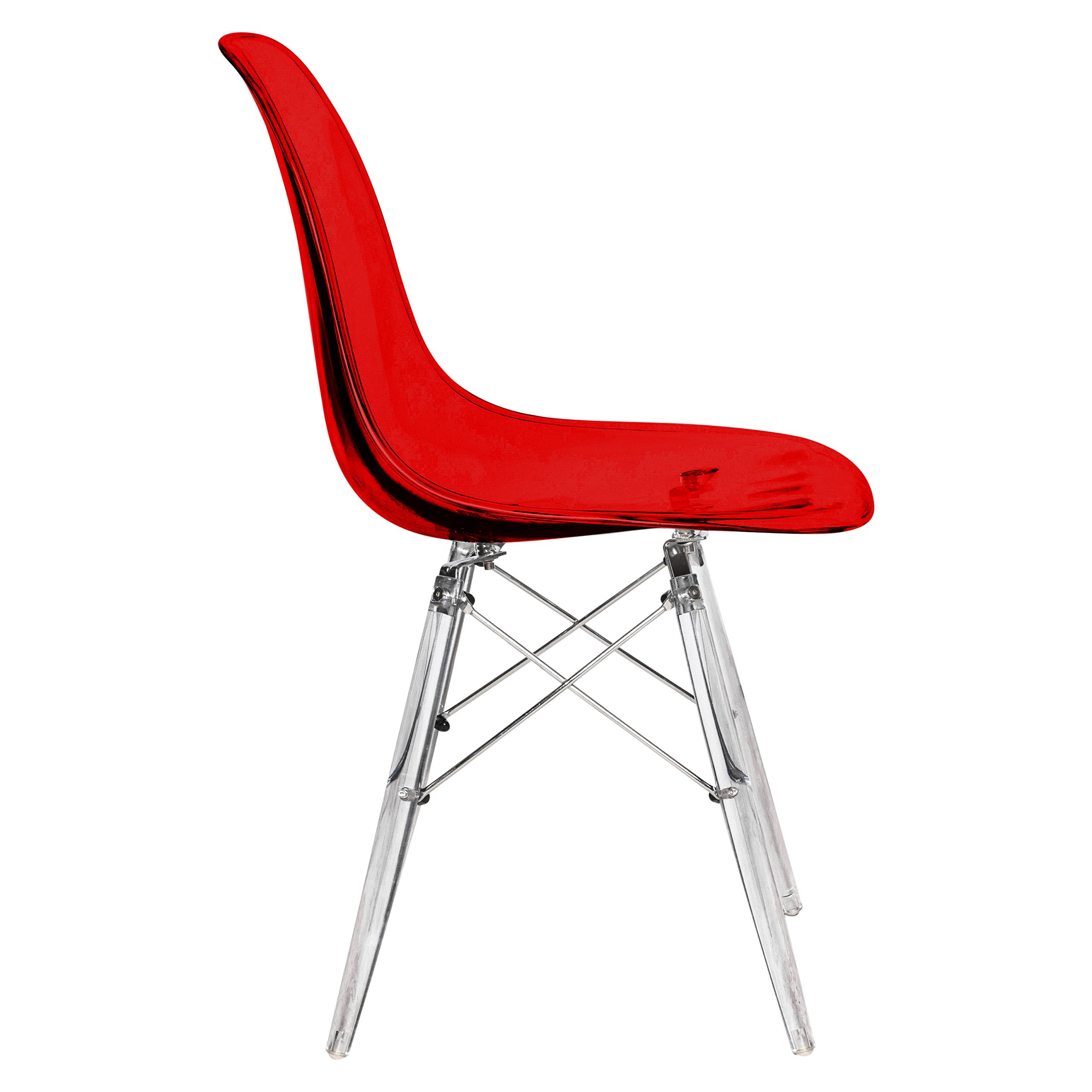 LeisureMod Dover Molded Side Chair with Acrylic Legs - Set of 4 Transparent Red Modern Dining Chairs for Kitchen, Dining Room & Office - Comfortable & Stylish Seating Solution