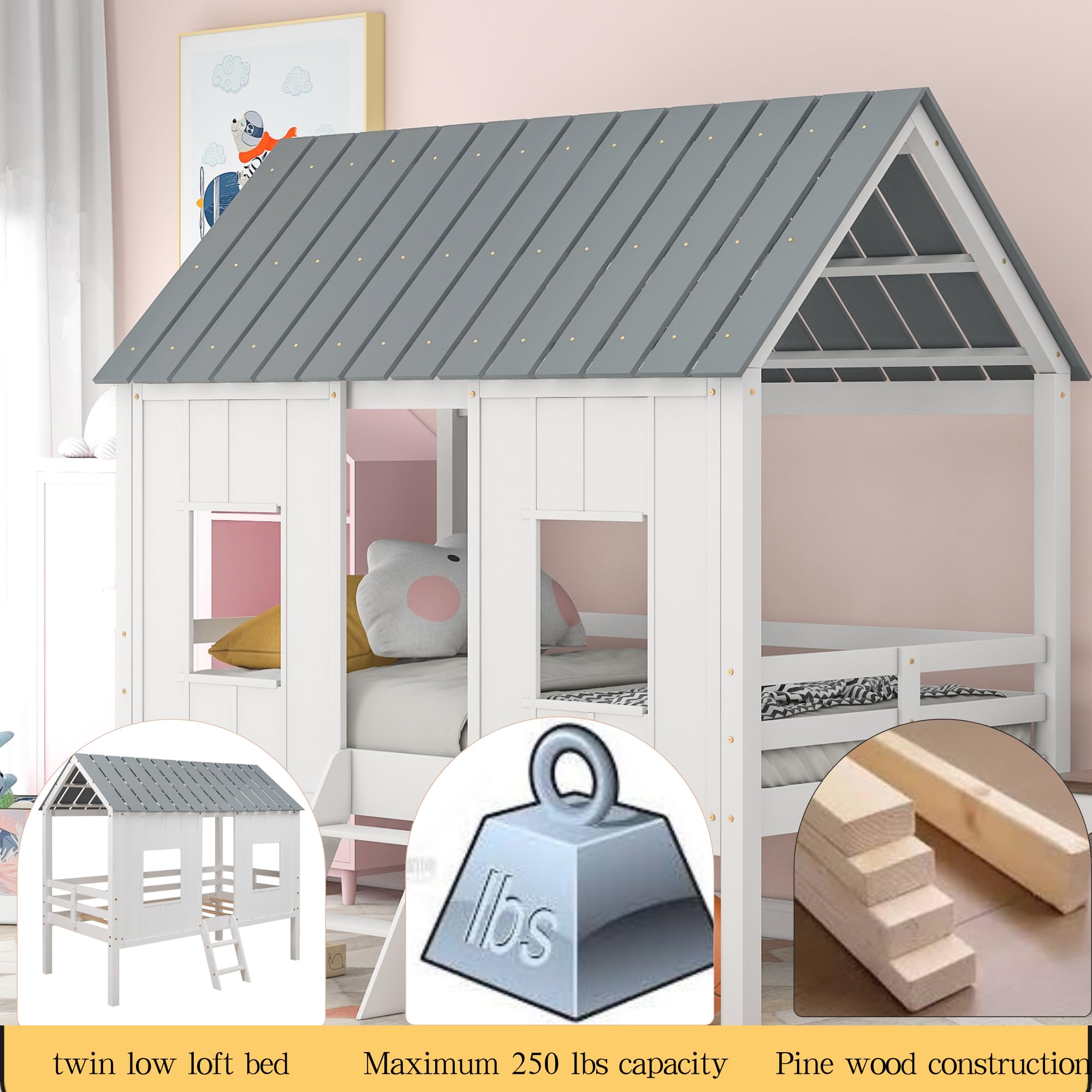 SOFTSEA Low Loft Bed with Windows and Roof - Sturdy Wooden House Bed Frame with Slatted Platform (No Box Spring Required) - Perfect for Kids' Bedrooms, Playrooms & Small Spaces