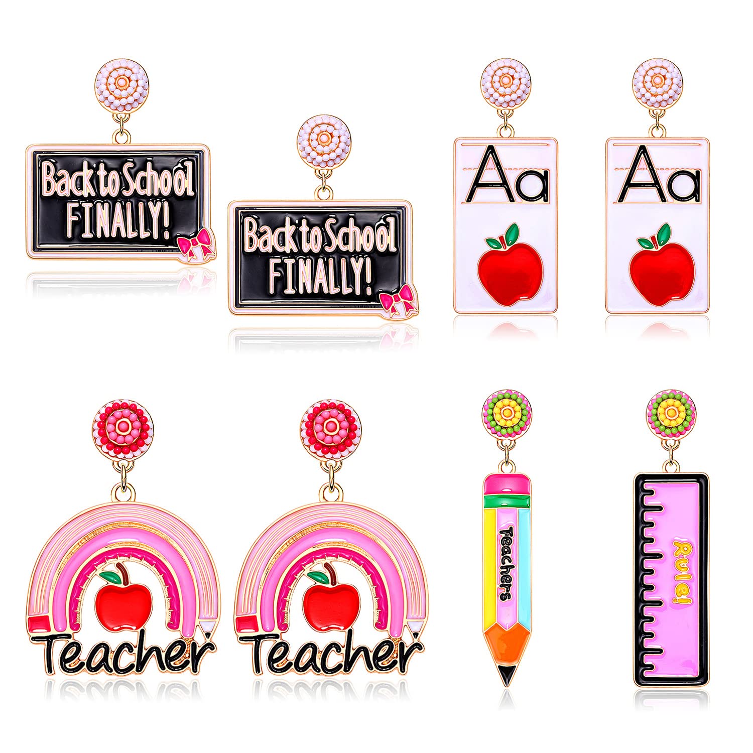 4 Pairs Enamel Rainbow Pencil Dangle Earrings for Women - Fun Teacher Jewelry Set, Back to School Accessories, Math Teacher Gift, Statement Drop Earrings for Classroom, Teacher Appreciation Day & Everyday Wear