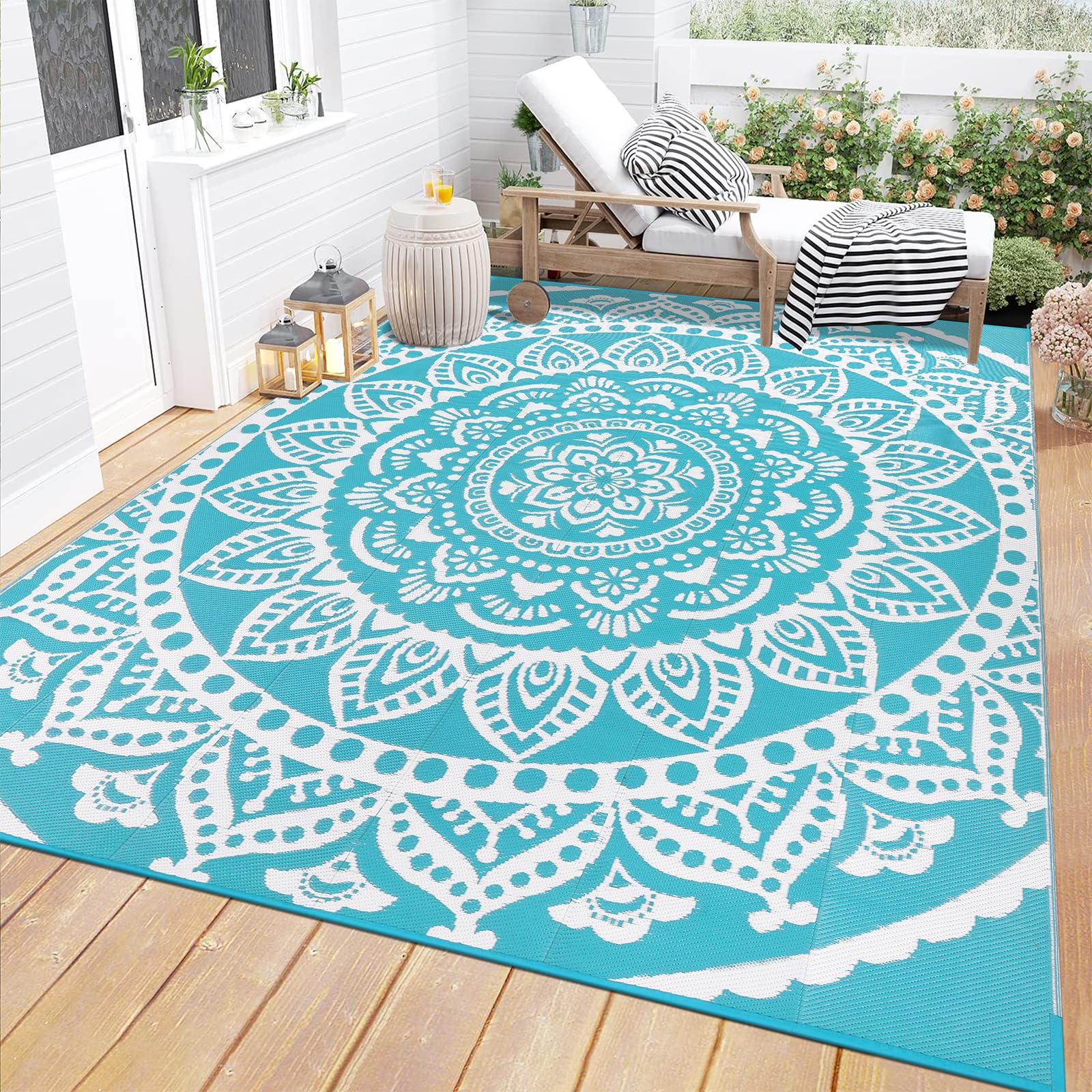 Bsmathom 6x9 Outdoor Plastic Straw Rug - Large Waterproof Reversible Mat for Patio, Camping, RV, Picnic, Beach, Backyard & Pool Deck - Durable & Portable Teal Rug for Outdoor Decor & Summer Gatherings