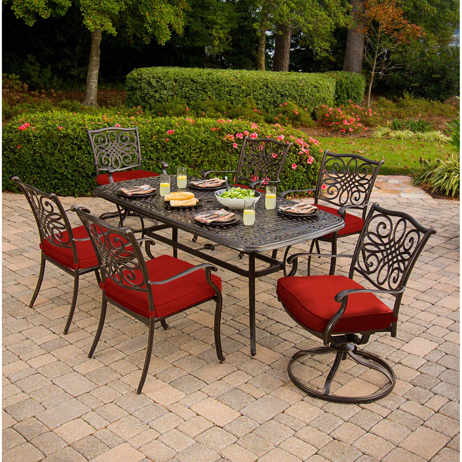 Hanover Traditions 7-Piece Cast Aluminum Outdoor Dining Set with 4 Stationary Chairs & 2 Swivel Rockers - Brushed Bronze Finish, Red Cushions, Rust-Resistant - Perfect for Patio, Garden, Backyard and Poolside Entertaining