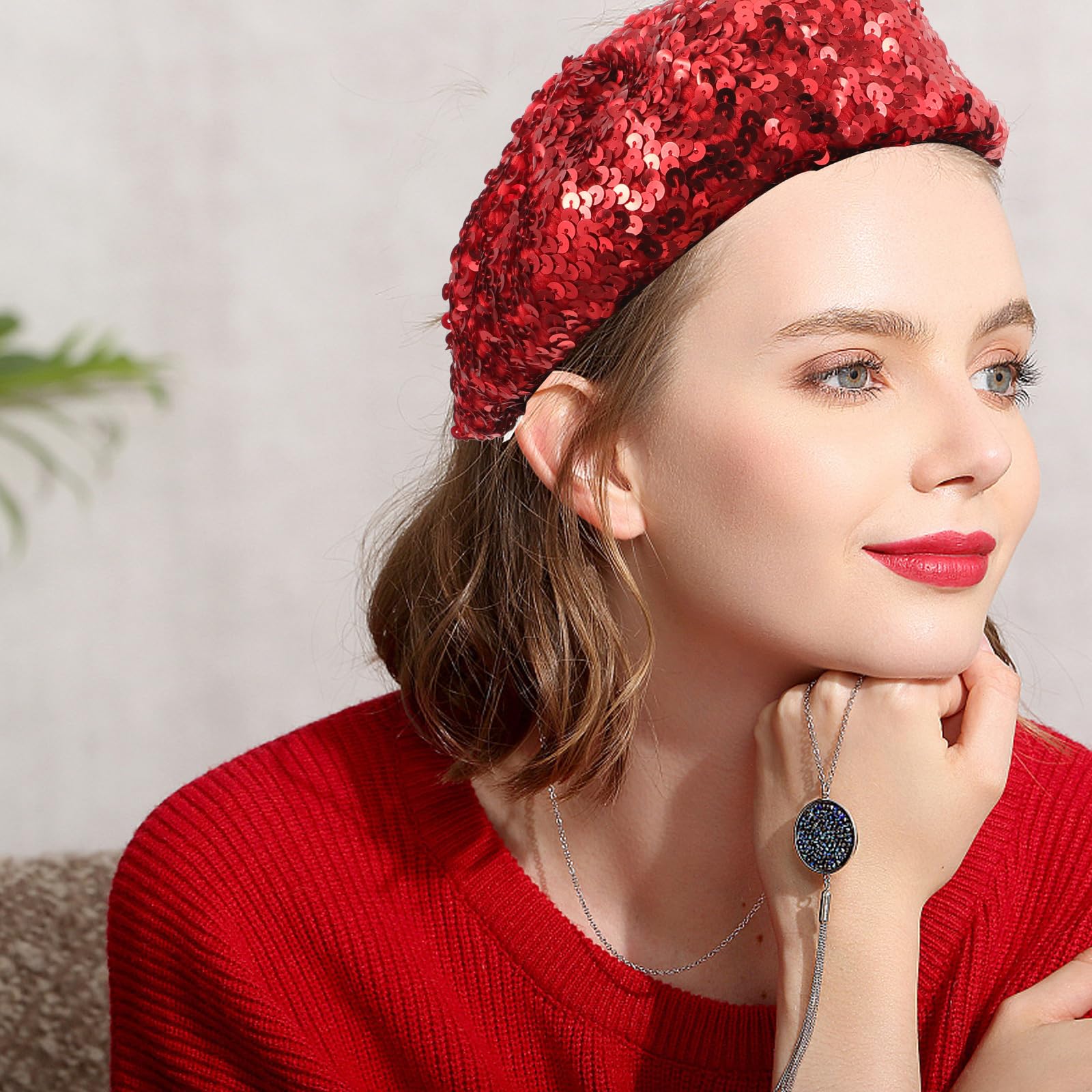 KESYOO Women's Fashion Beret Hat with Sparkle Sequins - French Style Beanie for Dance Performances, Costume Accessories & Everyday Wear (Rosy)
