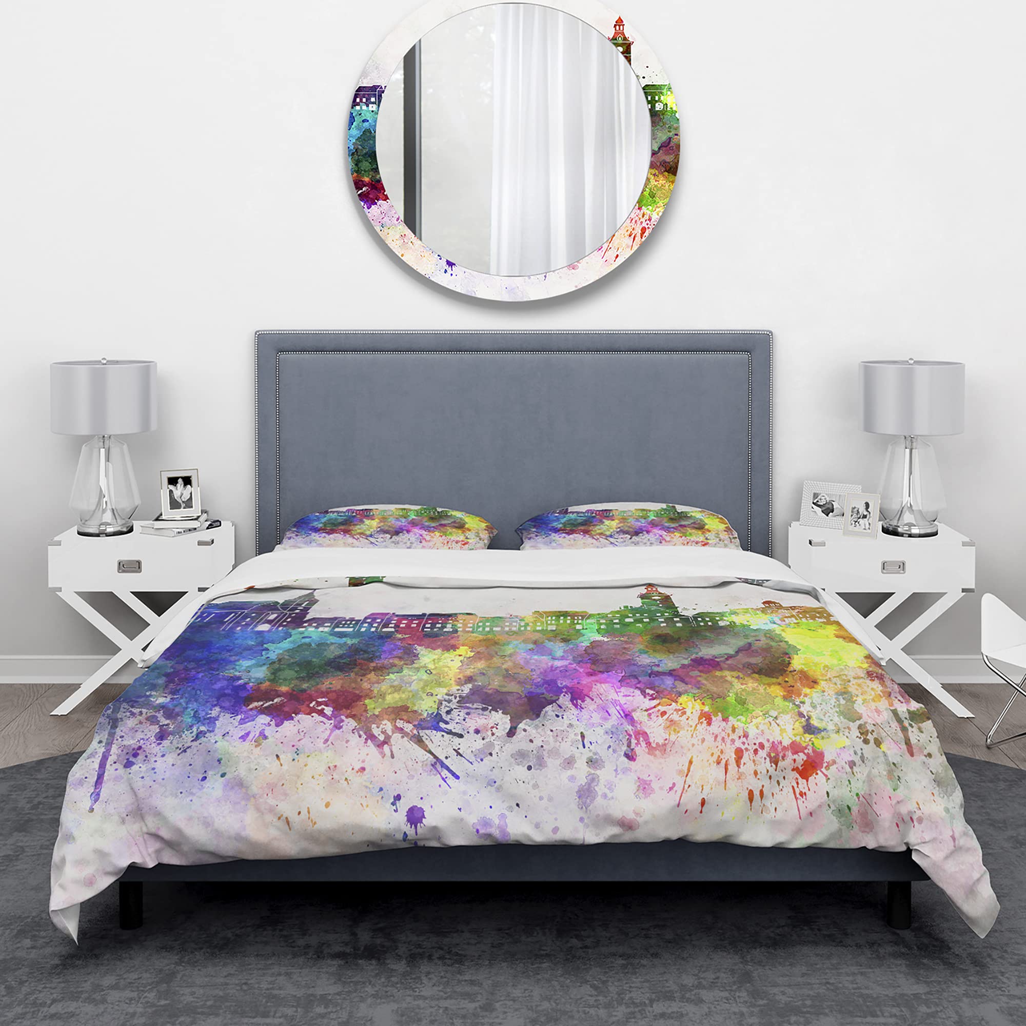 DesignQ Brasov Skyline Industrial Duvet Cover Set - Queen Size Purple Architecture Bedding (3-Piece) | All Season Comfort for Modern Bedrooms & Guest Rooms