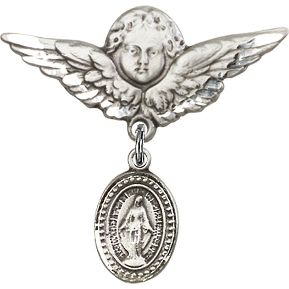 925 Sterling Silver Baby Badge with Miraculous Charm & Angel Wing Pin - 1 1/8 Inch Religious Jewelry Gift for Christening, Baptism & Newborn Blessings