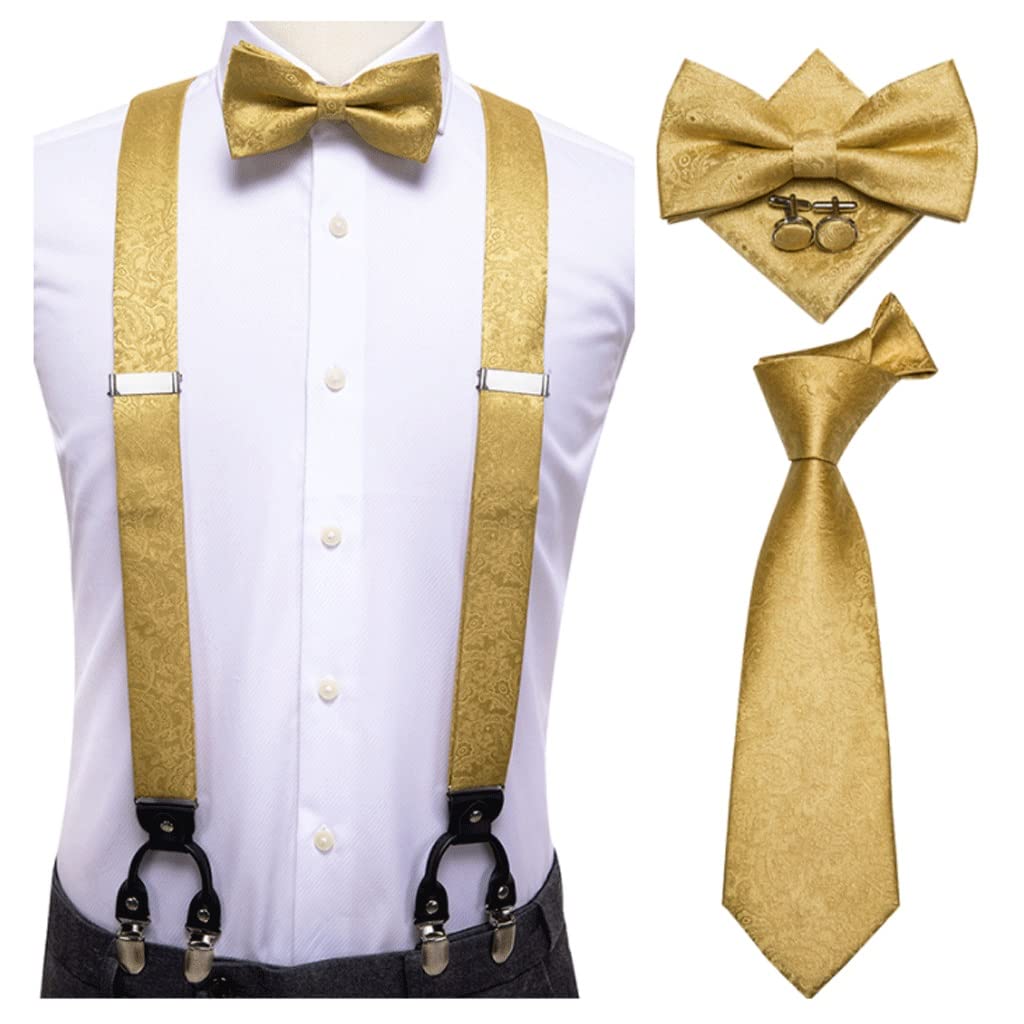 Vintage Silk Men's Suspenders & Bow Tie Set with Leather Clips - Gold Floral Pattern for Wedding, Formal Events & Vintage Fashion (One Size)